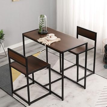 Modern Rectangular Brown Dining Table Set with Two Chairs, 3 Pieces Kitchen Table Set for 2, Home Kitchen Breakfast Bar Set Furniture