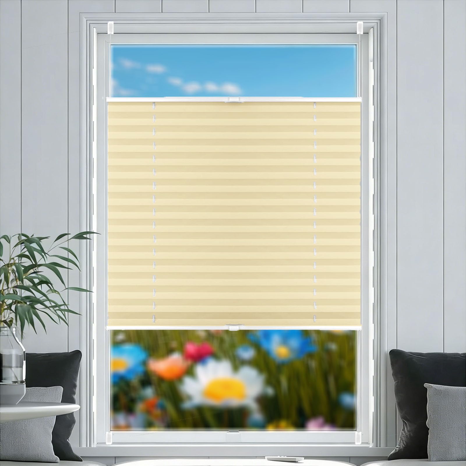 Store plissé 60 x 100 cm crème semi-opaque pour fenêtre et porte