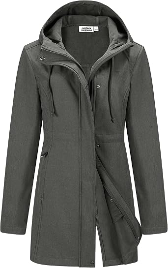 Outdoor Ventures Womens Lightweight Waterproof Fleece Lined Hooded Softshell Rain Jacket, Warm Windbreaker Long Coat