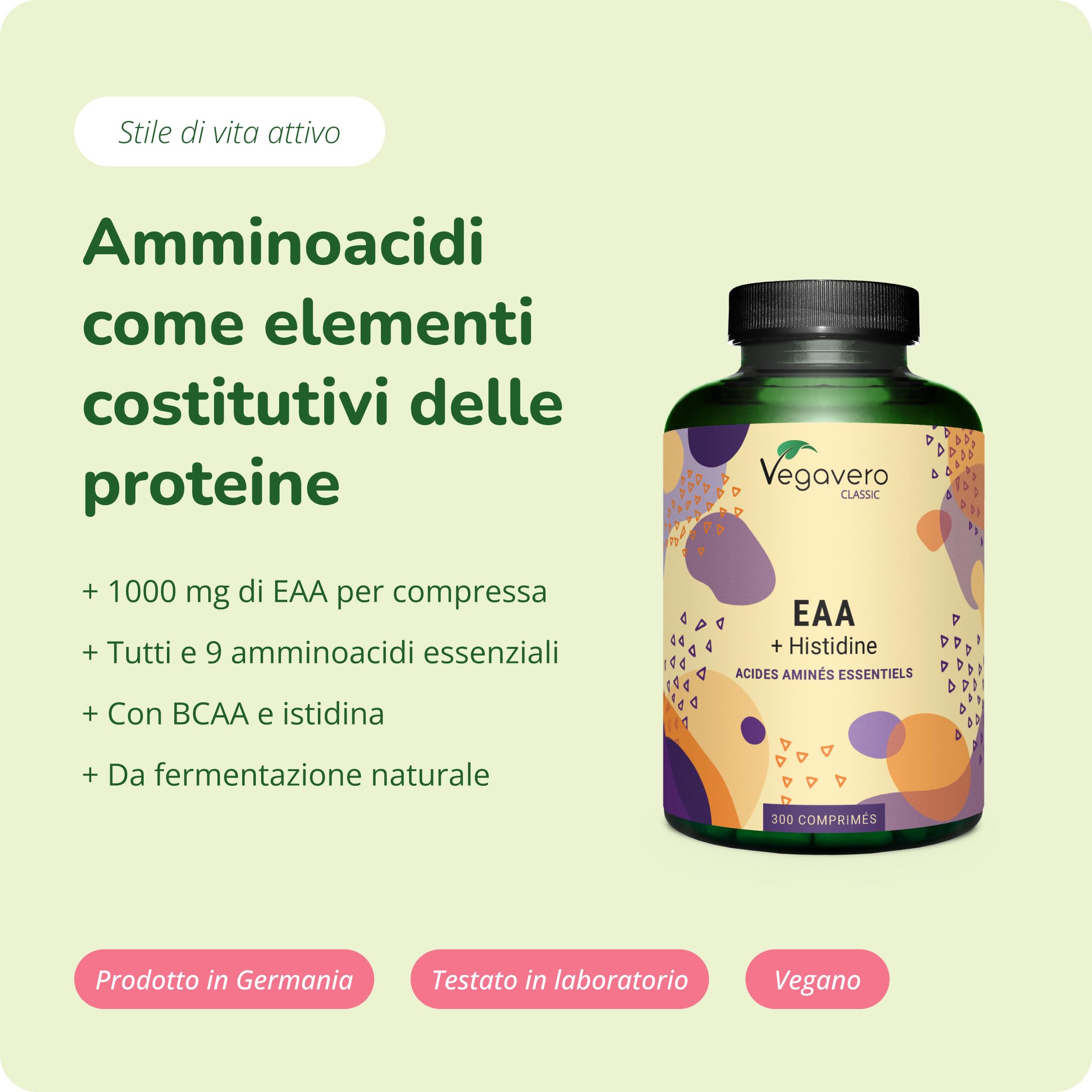 EAA Aminoacidi Essenziali | NATURALI da Fermentazione e SENZA ADDITIVI | Con Aminoacidi Ramificati BCAA 2.1.1 | 300 compresse | VEGAN | Vegavero