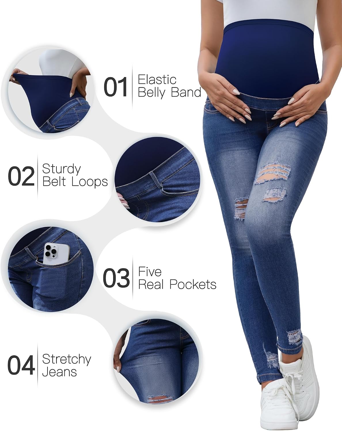 Maternity Jeans for Women Over Belly Stretch Skinny Pants Ripped Comfy Slim Denim for Throughout Pregnancy