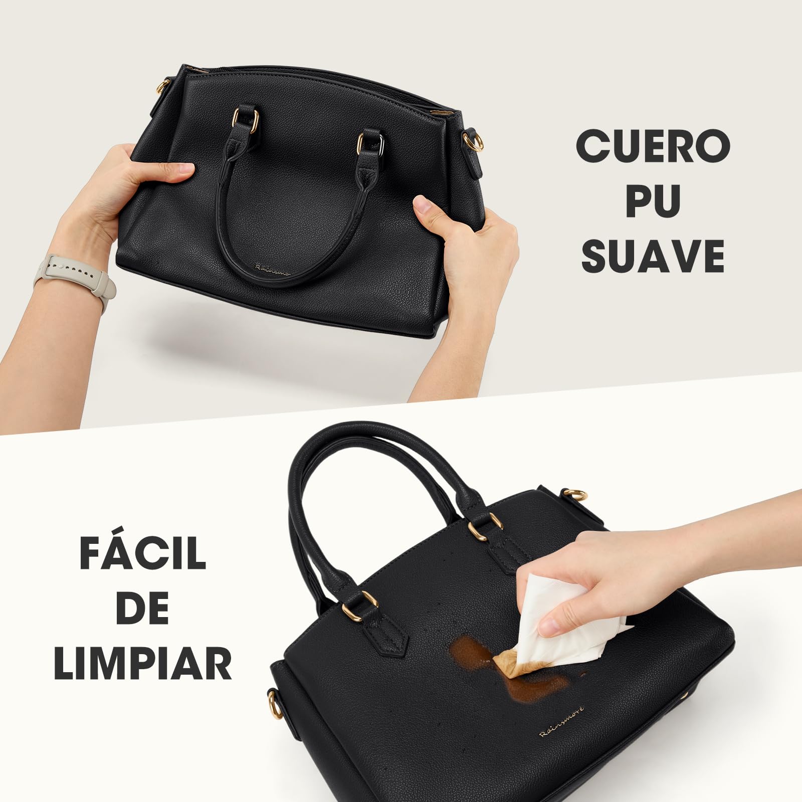 RAINSMORE Bolso Mujer de Piel PU Bolsos de Mano y Bandolera con Correa Ajustable para Tablet 11 Pulgadas Bolso Shopper Mediano para Trabajo y Oficina Diseño de Gran Capacidad Moderno Negro