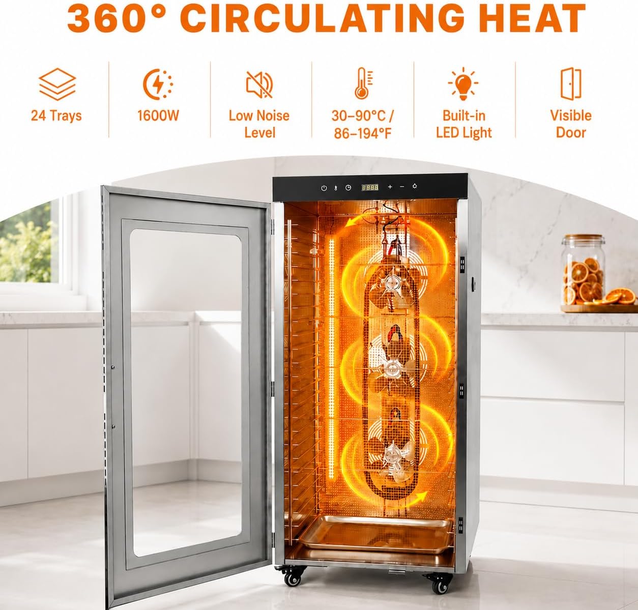 Hakka Commercial Food Dehydrator, 24 Trays Food Dryer Stainless Steel Fruit Dehydrator Machine with Touch Temp Control & 24H Timer for Beef Jerky/Meat/Fruit/Vegetable/Pet Treats, 2000W