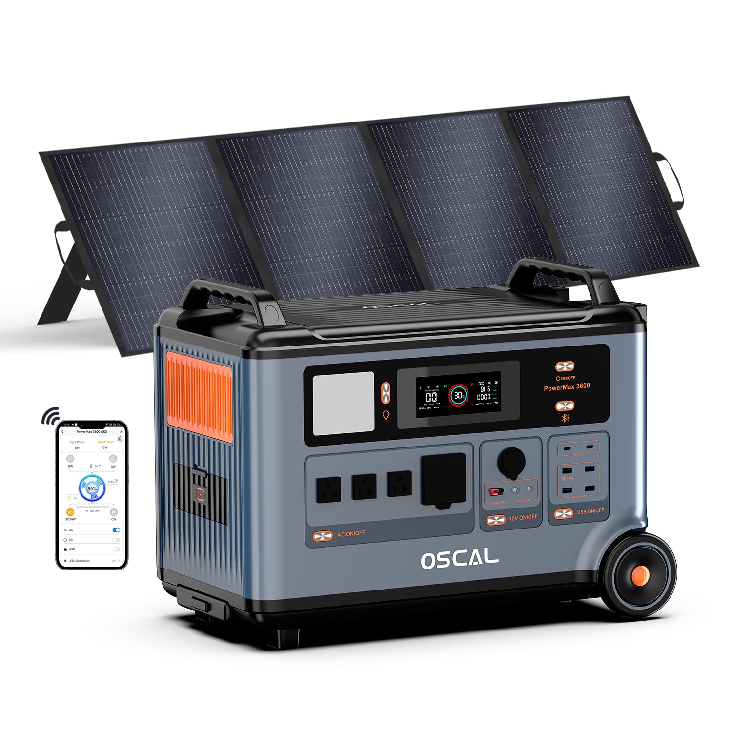 OSCAL 3600Wh Solar Generator PowerMax 3600 with 200W Solar Panel 3600W Power Station with 4 AC Outlets 6000W