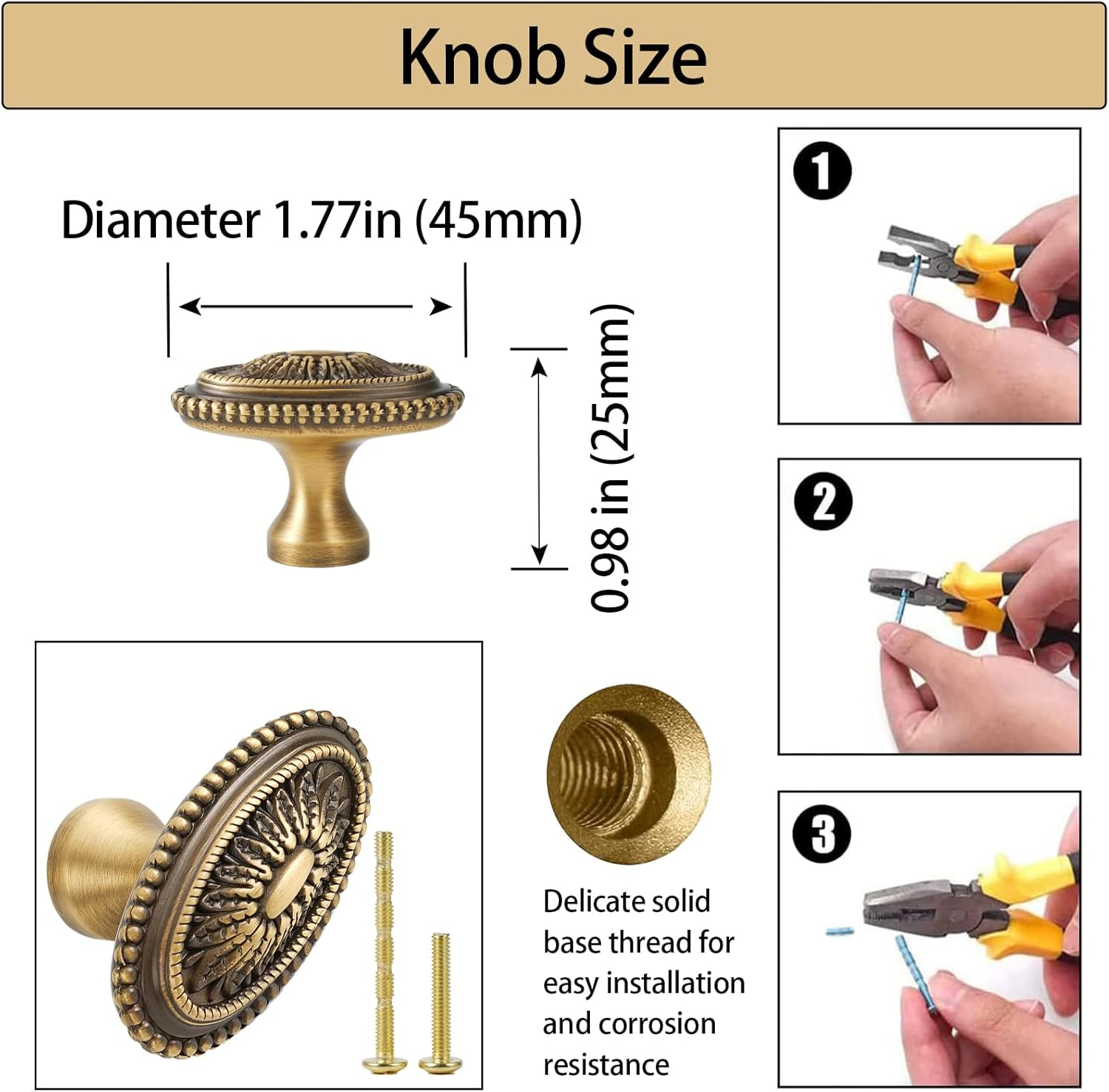 Cabinet Knobs 3 Pack 1.77 Inch, Antique Brass Cabinet Knobs Brass Haplopore, Brass Cabinet Knobs for Cabinets Drawers Cabinets Bathrooms