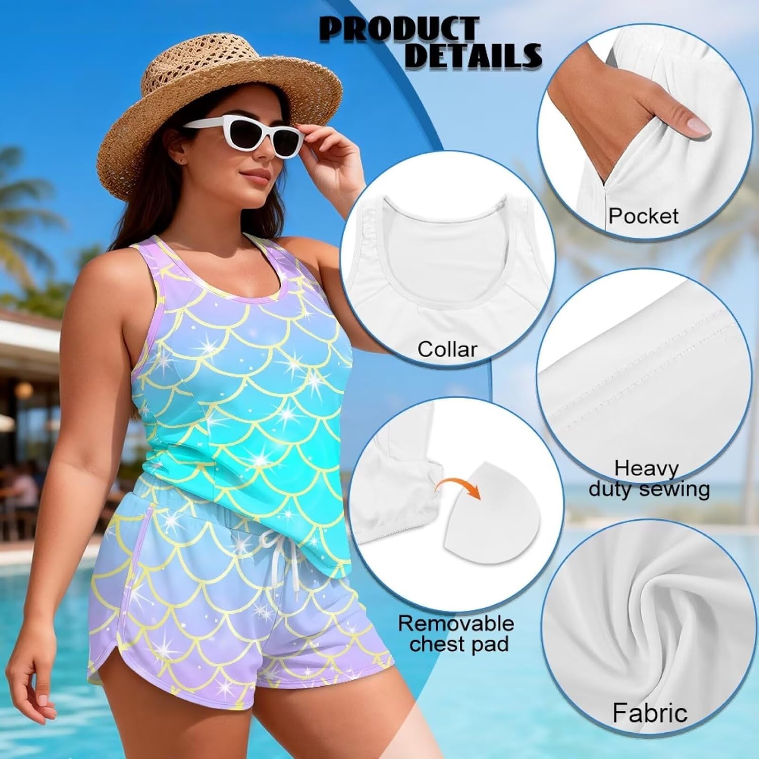 Tankini Swimsuits for Women Tummy Control Two Piece Modest Bathing Suit Swim Tank Top with Pockets Shorts Swimwear
