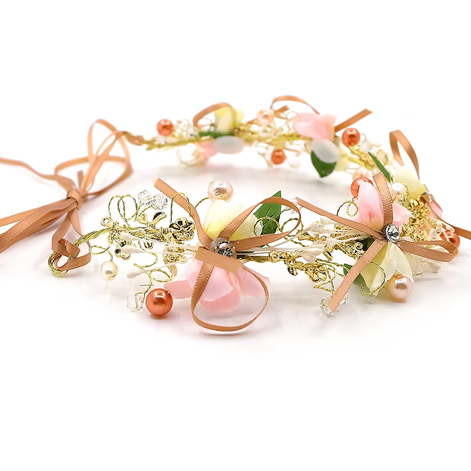 Flower Headband, Bridal Flower Wreath with Artificial Leaves, Flowers and Pearl Rhinestone Flowers Hair Bands - Image 3