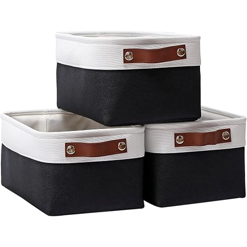 Large Storage Baskets [3 Pack], Foldable Fabric Storage Bins with Handles for Cupboards, Wardrobe, Shelves, Bathroom, Clothes, Toys, Towel (15 x 11 x 9.5 inches, White/ Black)