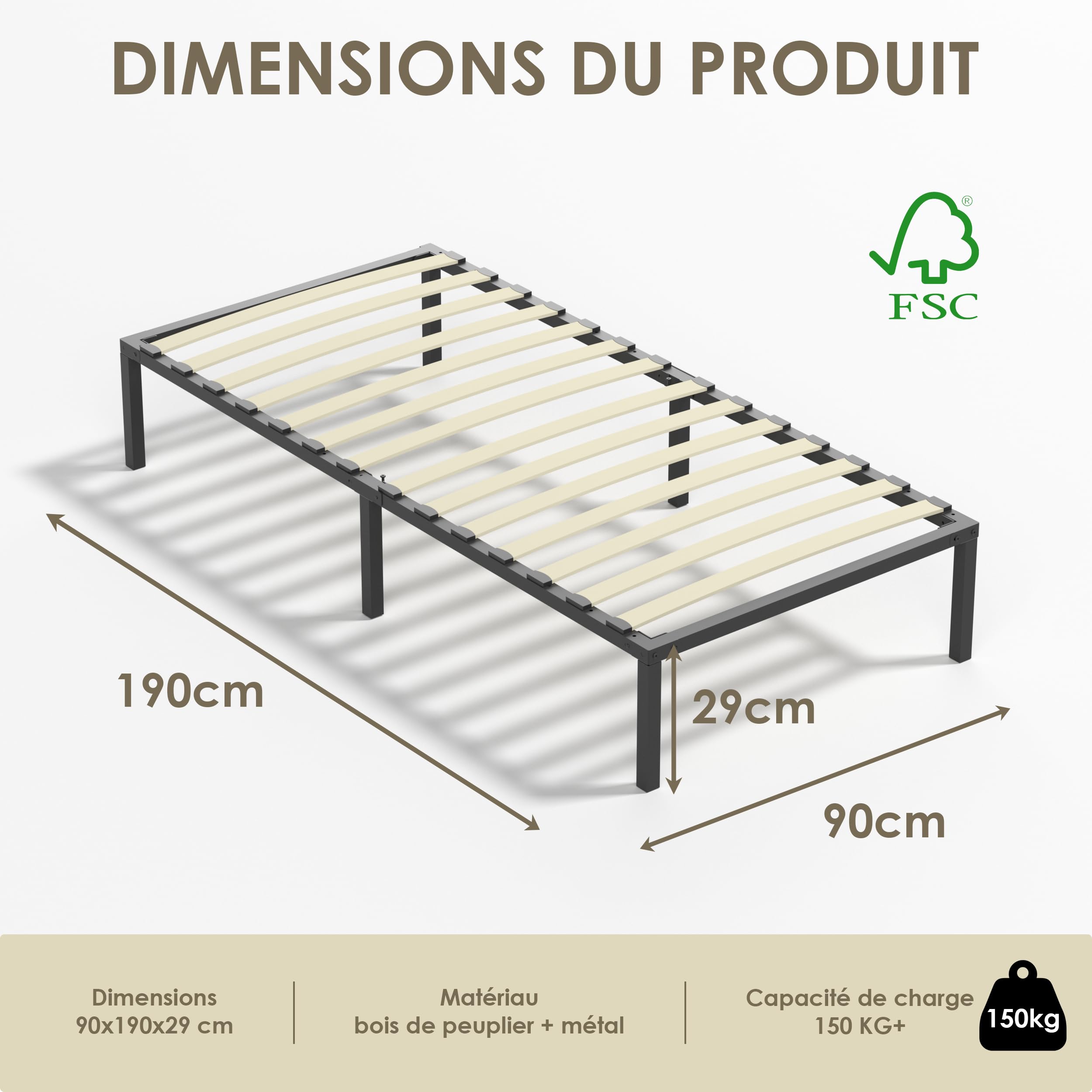 TEENO Sommier 90x190, Sommiers à Lattes avec 6 Pieds pour Adulte, 13 Lattes, 26 cm de Hauteur, Cadre de Lit 90x190 avec Sommier, Lit 1 Personne en Métal pour Appartement ou Dortoir