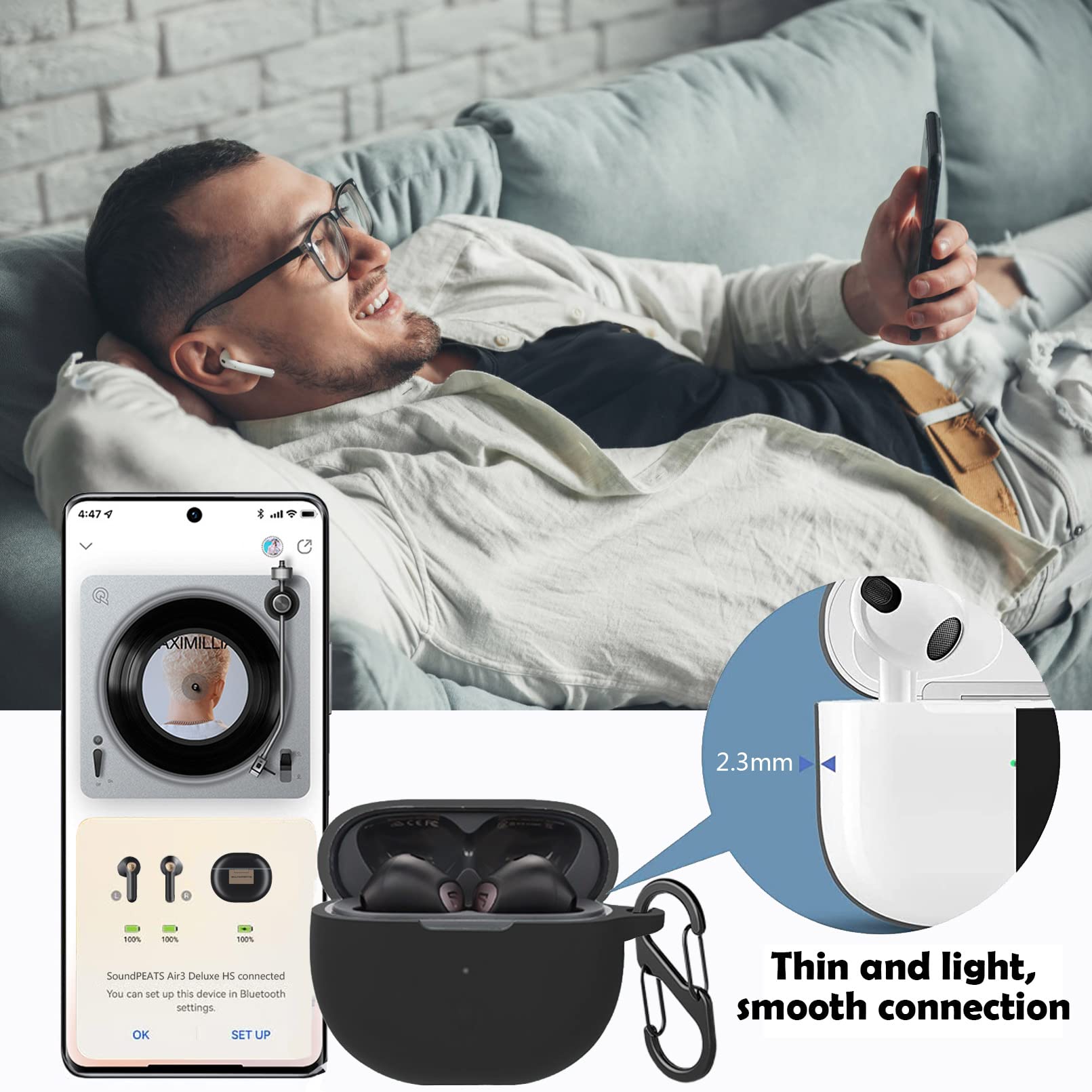 EasyBee Schutzhülle 2er-Pack Für SoundPEATS Air3 Deluxe HS – Mit Karabinern & Anti-Verlust-Bändern, Flüssiges Silikon, Stoßfest (Schwarz & Blau)