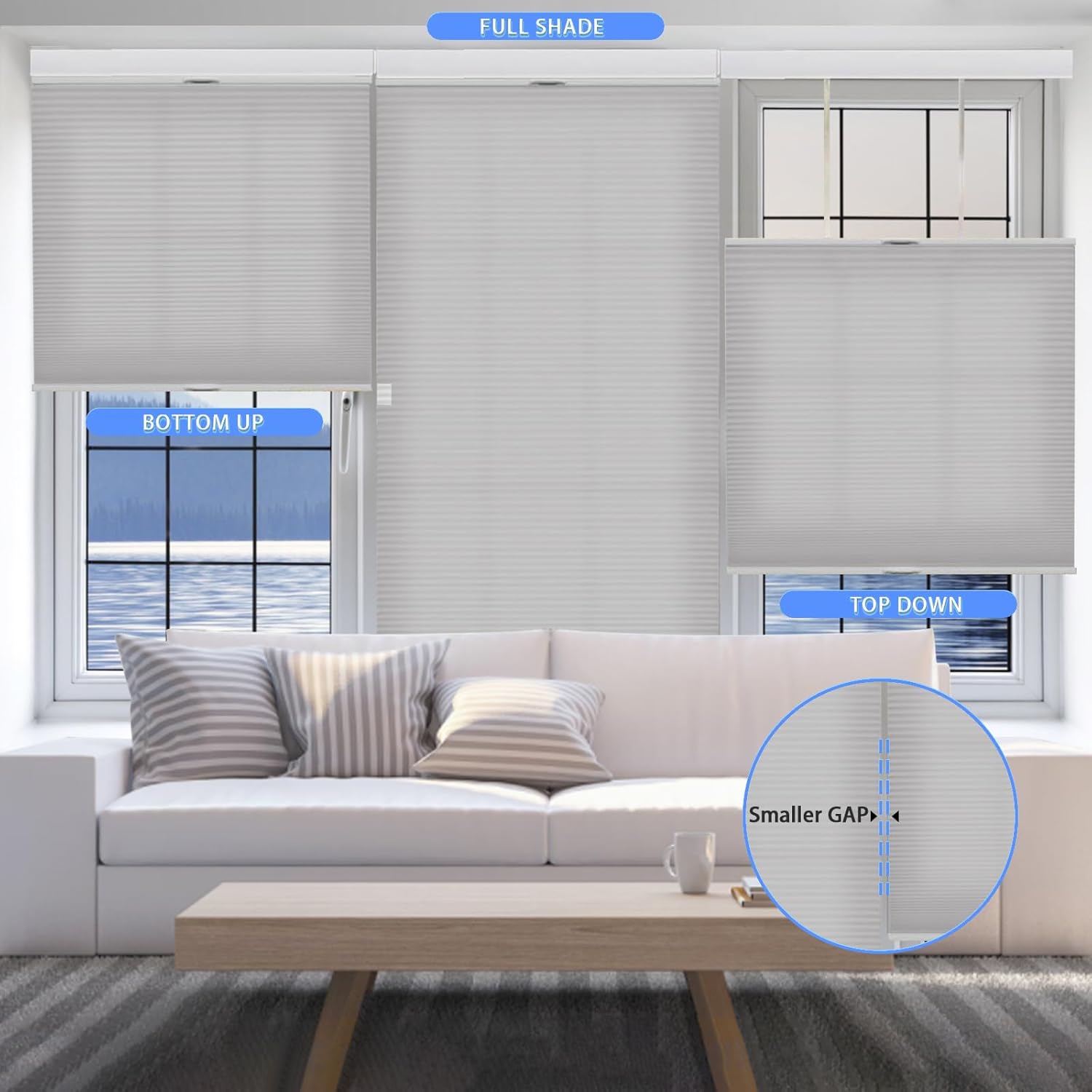 Cordless Honeycomb Cellular Shades with Top Down Bottom Up Easy to Install UV Protection Indoor Windows Thermal Insulated Noise Reduction Blinds, Light Filtering-Grey