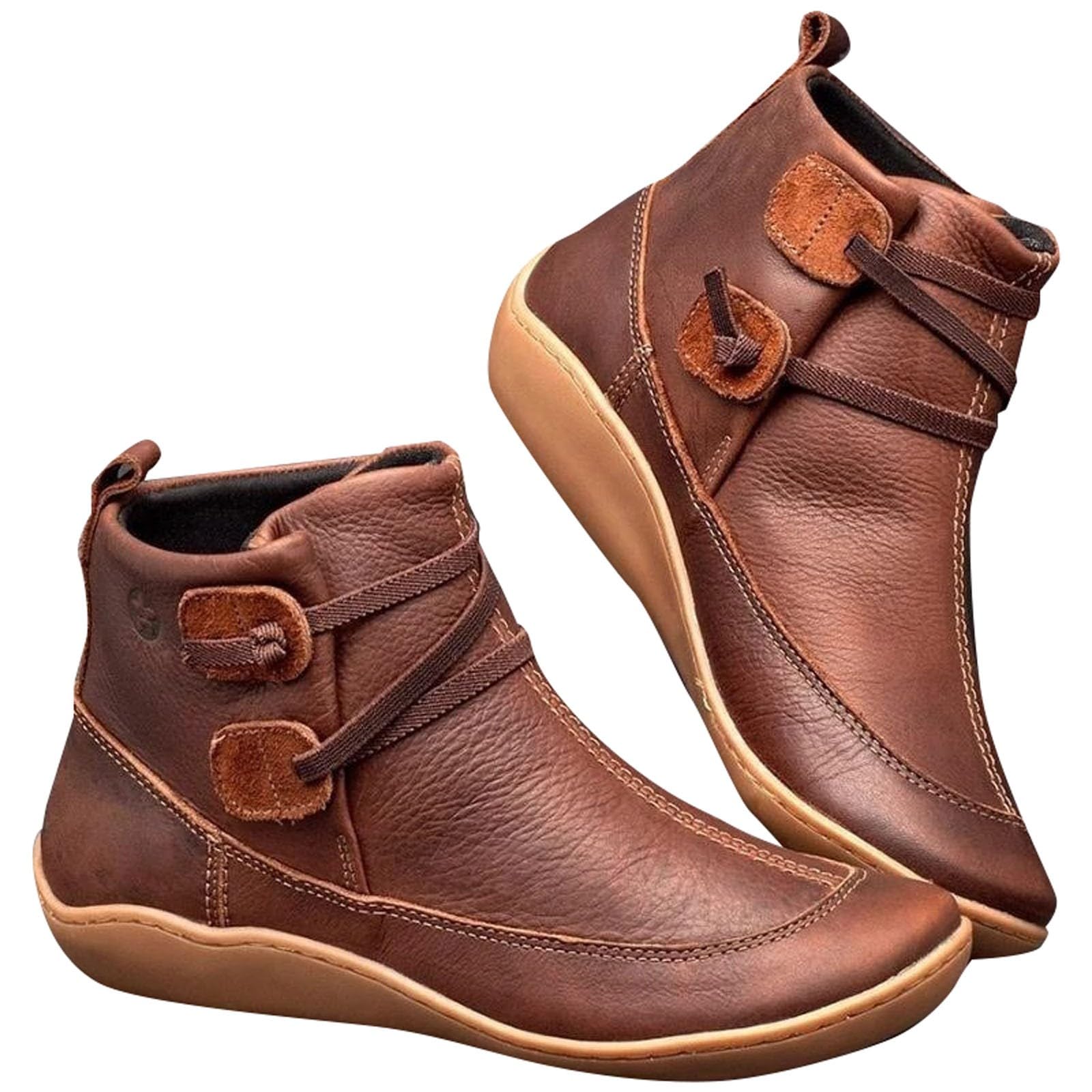 GenericWomen's Vintage Ankle Boots Arch Support Shoes for Women with Side Flat Ankle Boots Women Boots for Women Low Heel Leather