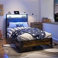 Vista 7 de OLEVS Base de cama individual con cabecera de almacenamiento con luz LED y estación de carga tipo C, base de cama de plataforma metálica