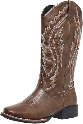 Cowboy Boots for Women Western Boots Cowgirl Embroidery Low Chunky Heel Square Toe Mid Calf US size 6-12