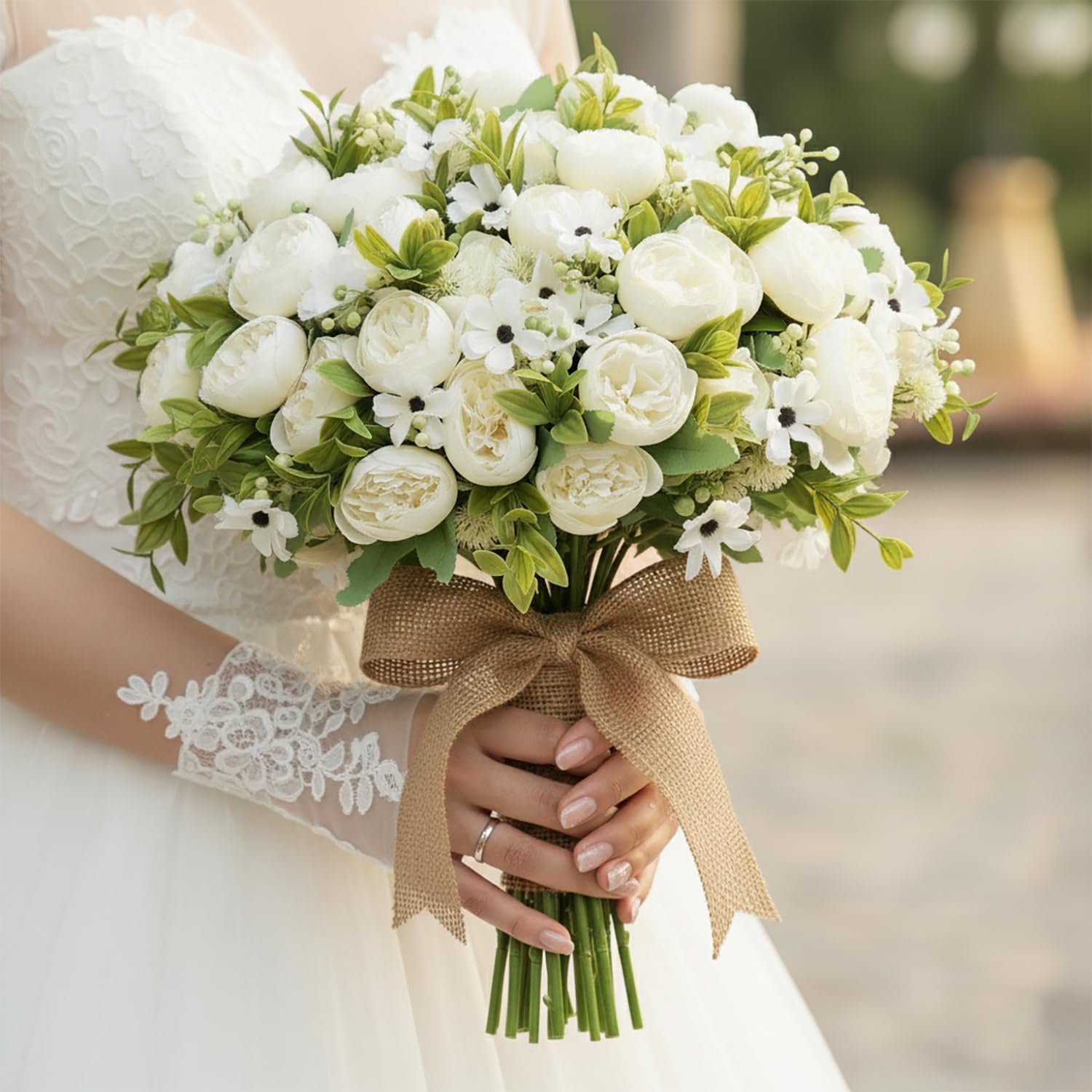 12 Bundles Peony Artificial Flowers, Peonies Artificial Flowers with Peonies and Daisies, Fake Peony Flower Bouquets for Home Decor, Wedding, Table Centerpieces, Indoor & Outdoor Use (white)