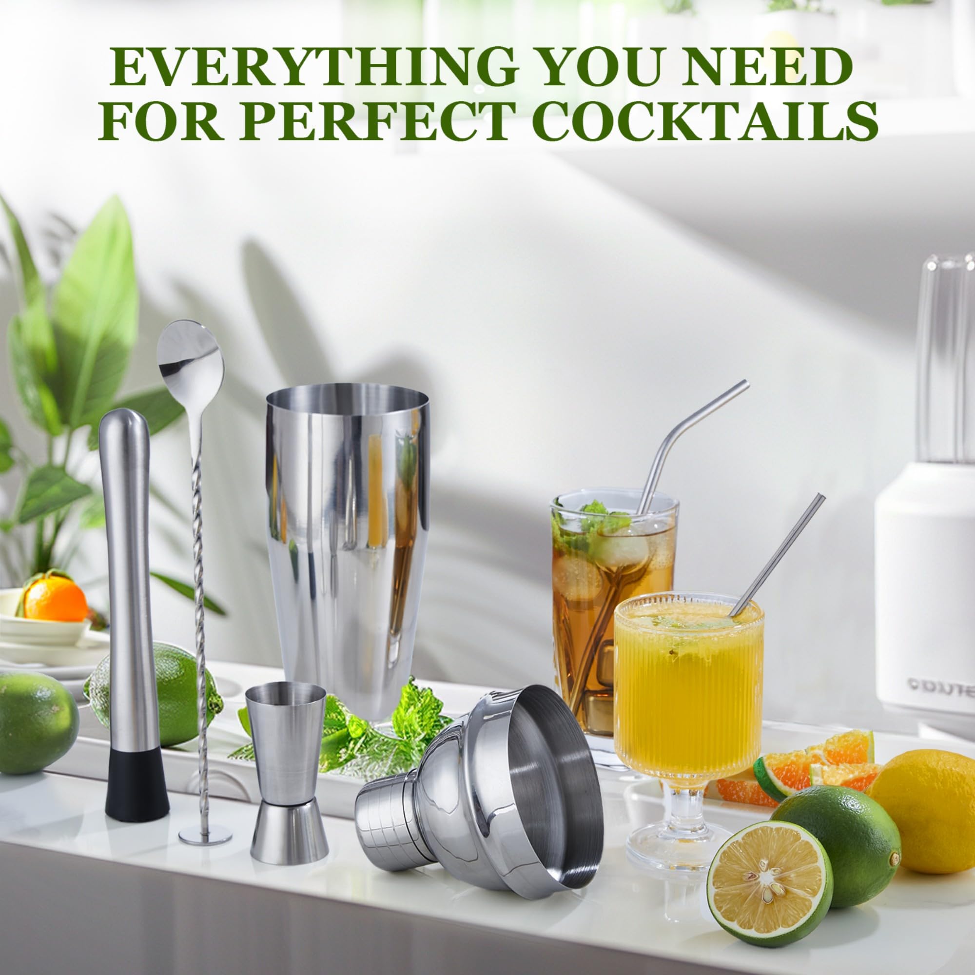 Ensemble Shaker à Cocktail, 23 pièces en Acier Inoxydable avec Support en Acrylique et livret de Recettes de Cocktails, Outils de Bar Professionnels pour mélanger Les Boissons, Maison, Bar, fête