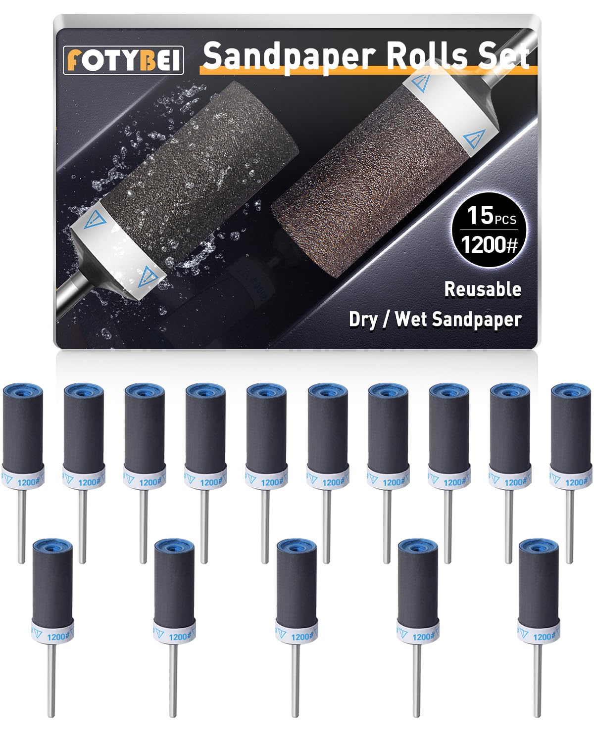 FOTYBEI 15Pcs 1200 Grit Sanding Drums Sandpaper Sticks Set for Dremel Rotary Tool Accessories with 1/8" Shank