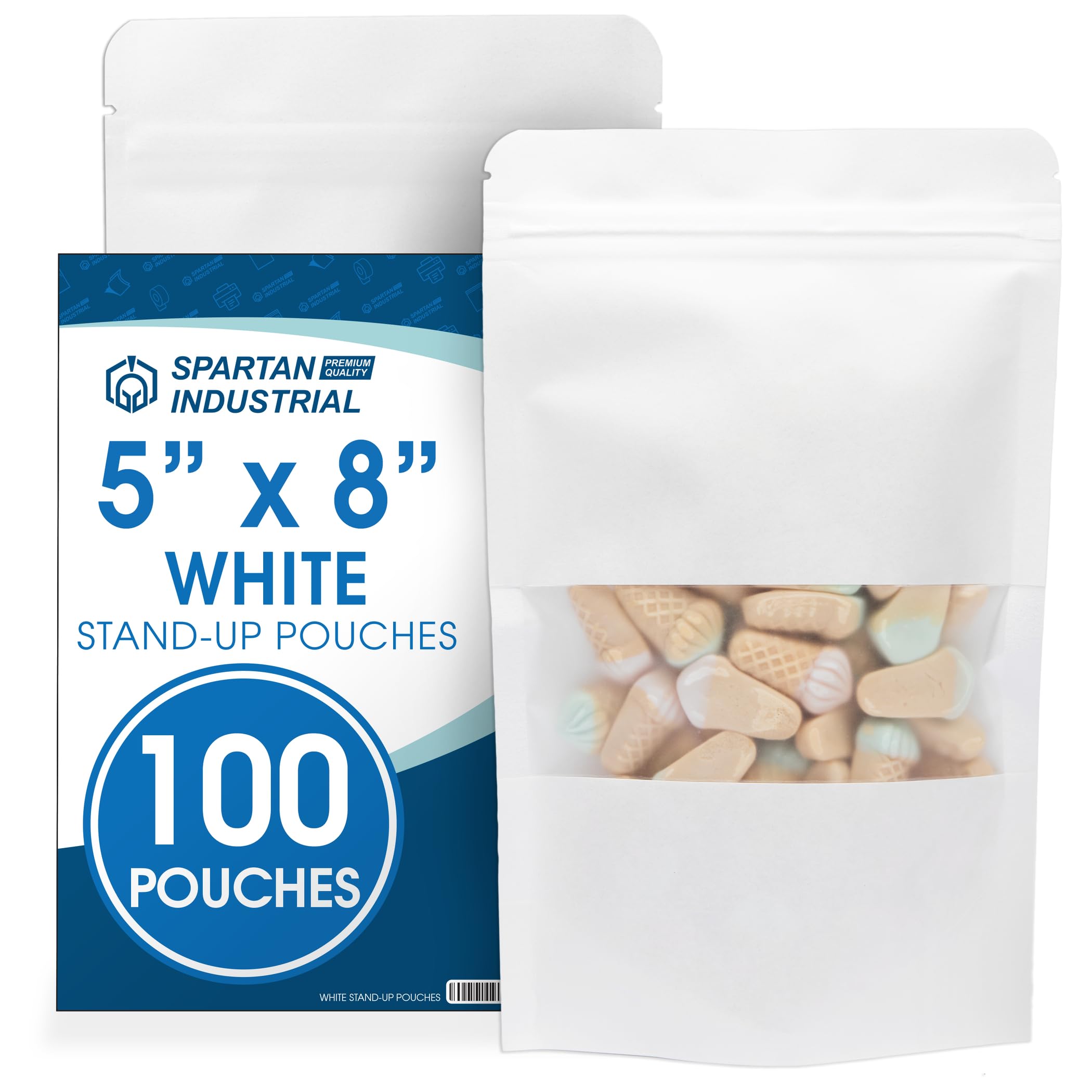 Spartan Industrial - 5" X 8" White Zip Top Food Bags - Pack of 100 Resealable Smell-Proof Pouches for Packaging Coffee, Tea, Spices, Snacks, and More