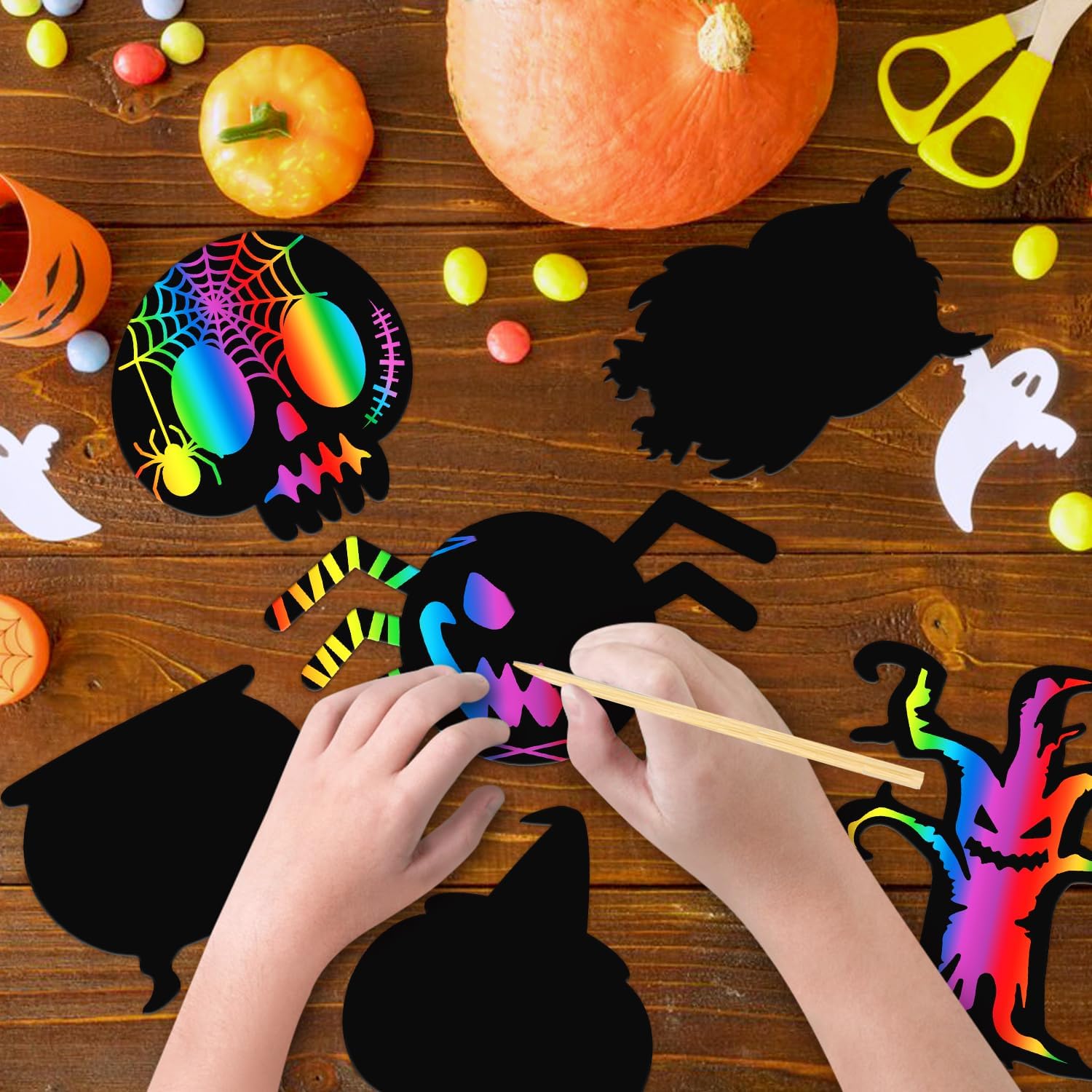 PARTYWIND Halloween Scratch Masks - 32 PCS DIY Scratch Art Crafts For Kids Party Activities