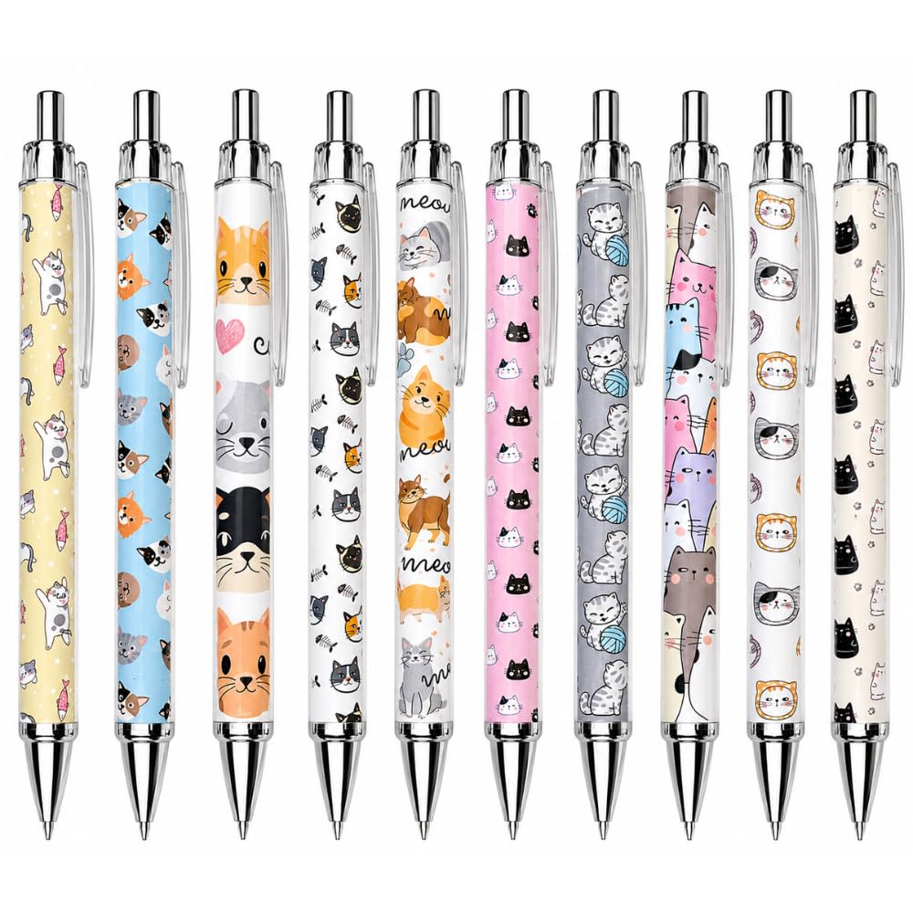 10PC Cat Ink Pens Set Cute Kawaii Funny Cats Kitty Themed Paw Ballpoint Gel Pen School Stationary Notebook Diary For Women Lovers Office Worker Supplies Stuff Clipboard Decor Desk Accessories Gifts