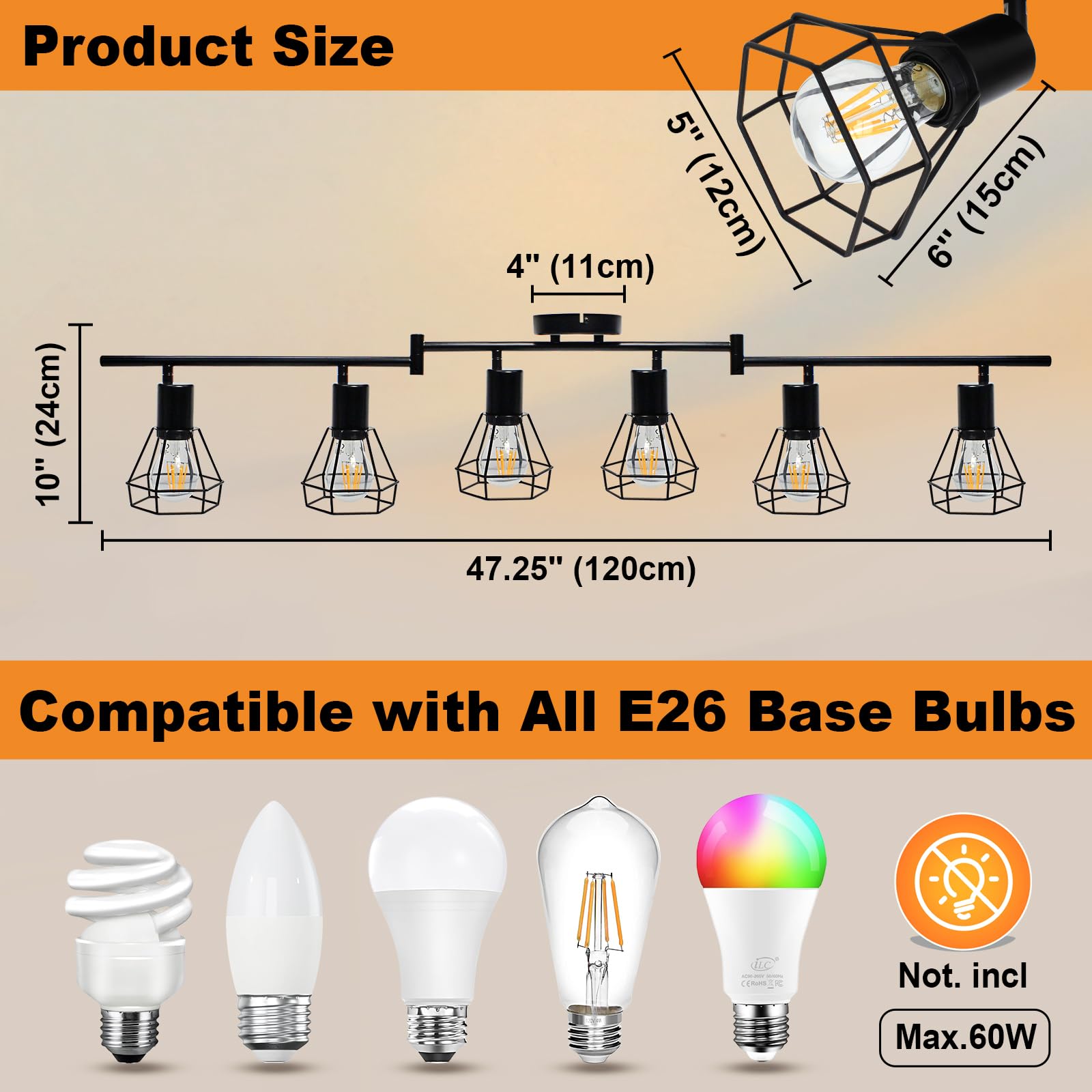 Iluminación de pista de 6 luces, lámpara de techo giratoria direccional, foco negro de pista de granja para cocina, dormitorio, sala de estar, base E26 (bombillas no incluidas) 4