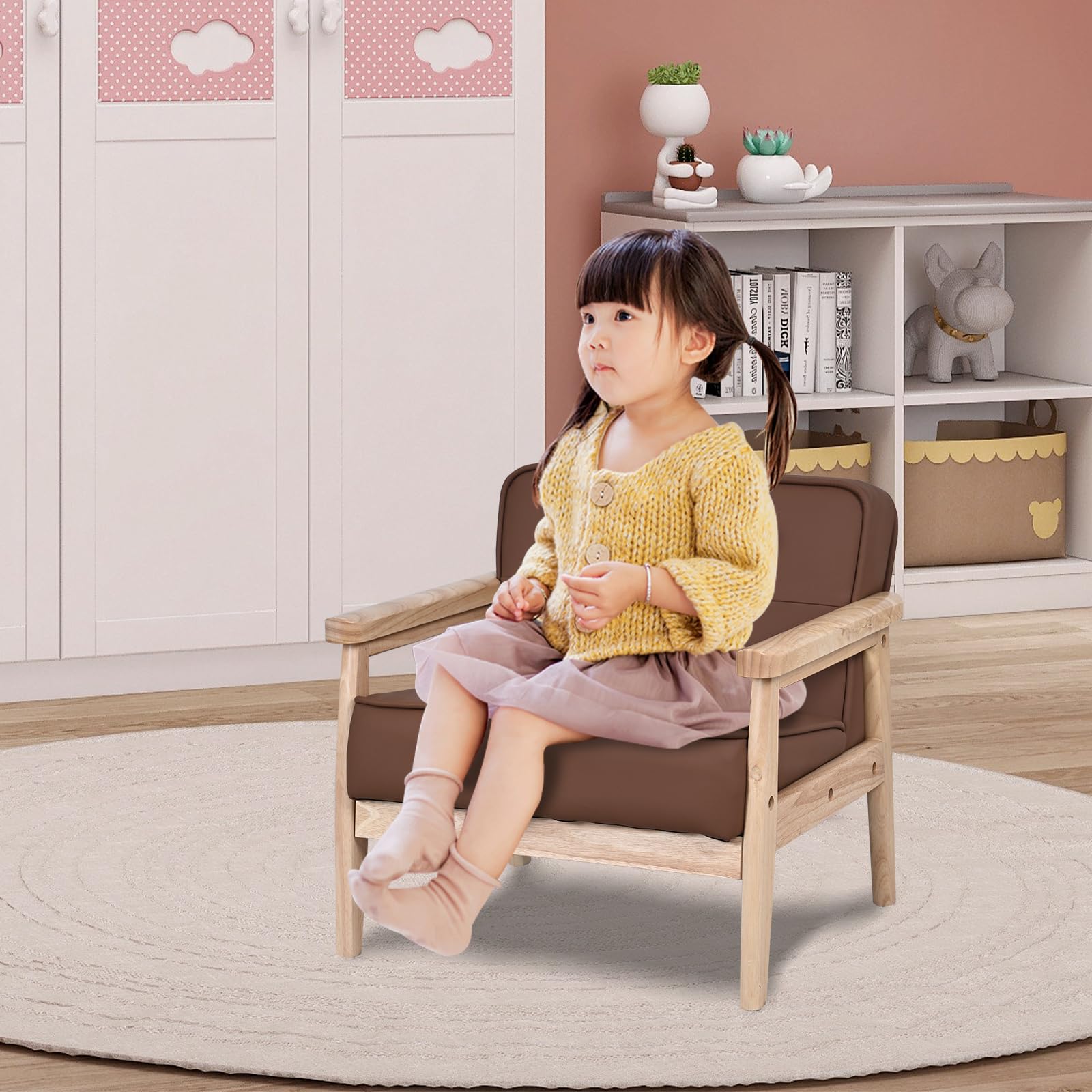 Yoonnie room Toddler Chair, Baby Chair,Kid Armchair with Solid Wood Armrest and PU Leather for Kid Rest (Brown)
