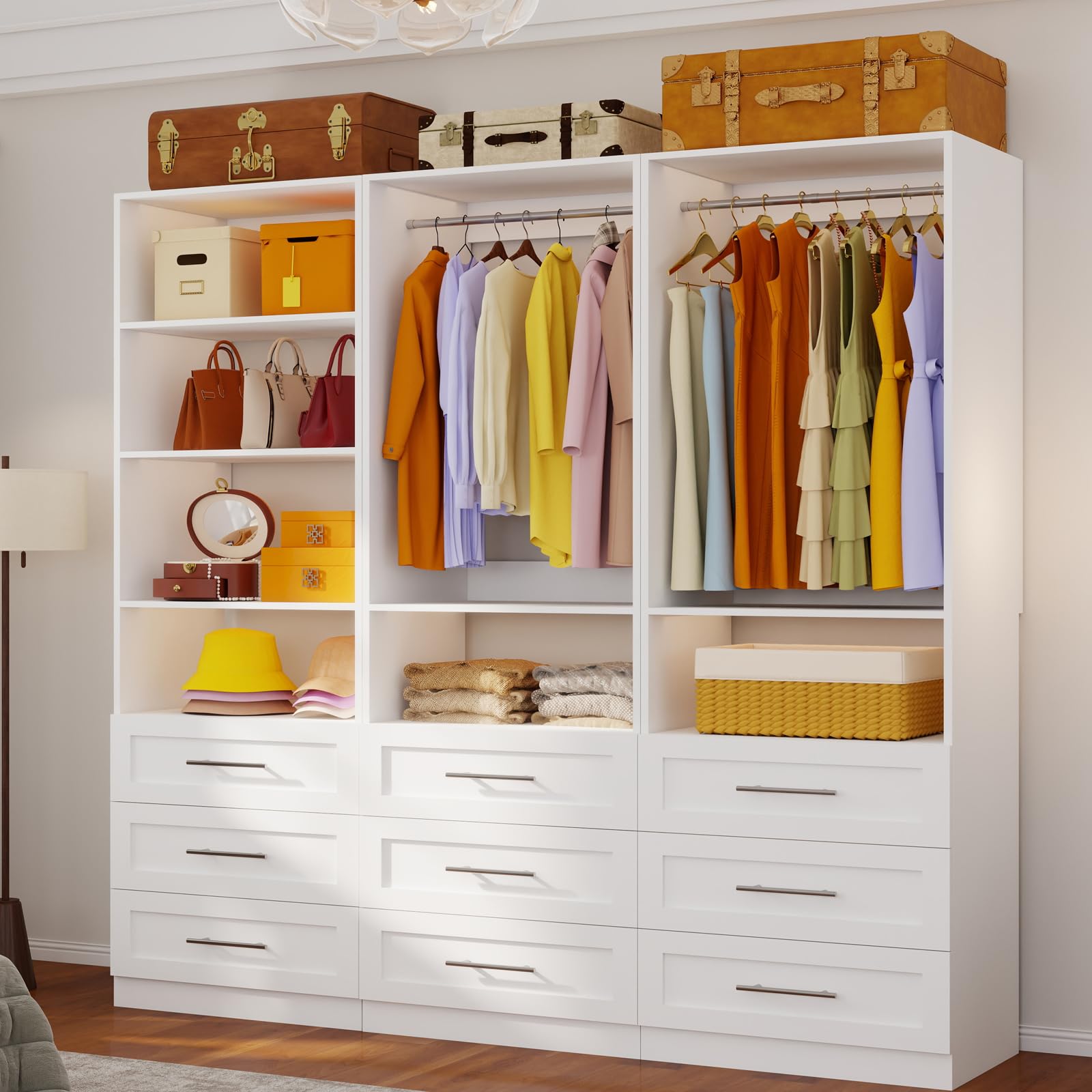 Closet System with 9 Drawers, 6–15.78FT Custom Closet Organizer System with 6 Shelves, 5 Expandable Hanging Rods, Walk in Modular Closet System, Heavy Duty Built-in Closet, 3 Sets