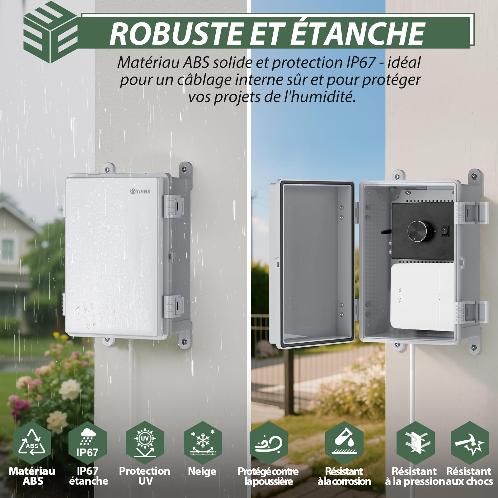 EYPINS Boîte de distribution étanche IP67, boîte de jonction étanche en plastique ABS - Boîtier extérieur - Boîte électrique avec accessoires de montage - 30 x 20 x 16 cm - Armoire électrique grise