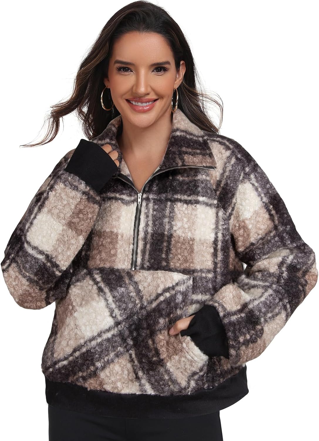 SeSe Code Womens Oversized Half Zip Sweatshirt Long Sleeve Cozy Fleece Pullover Hoodie Casual with Pockets & Thumb Holes - Image 2