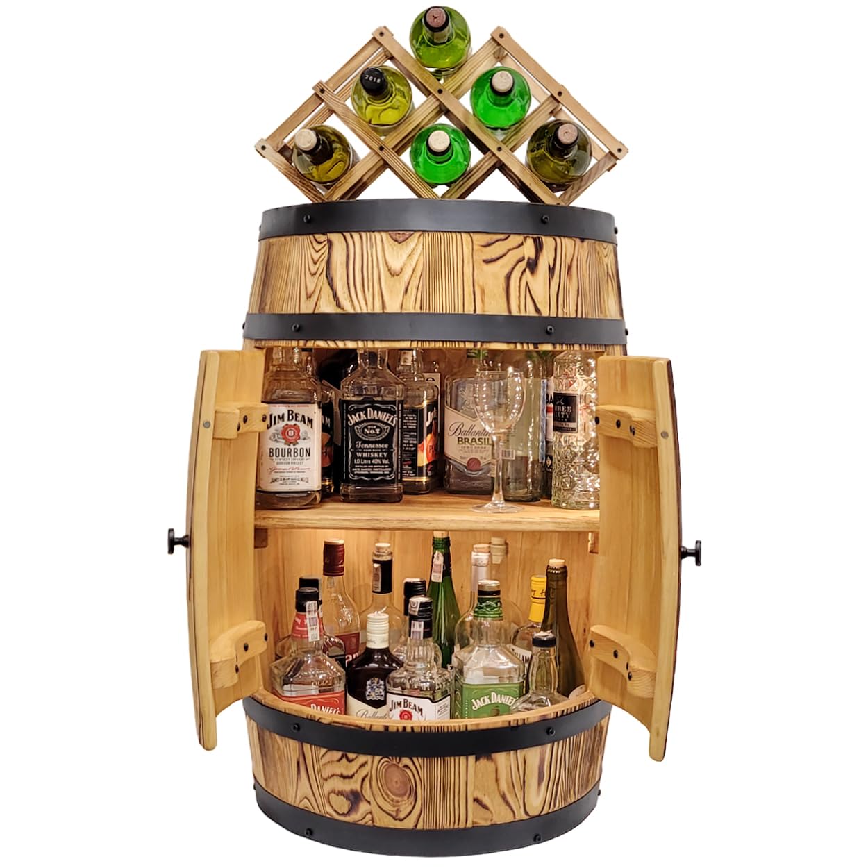 weeco Tonneau Bar en Bois avec Porte, Casier à Vin, LED – Meuble Bar Rustique en Fût avec Étagères – Armoire à Alcool, Bar à Bouteille – 82x52cm, Chêne Brûlé