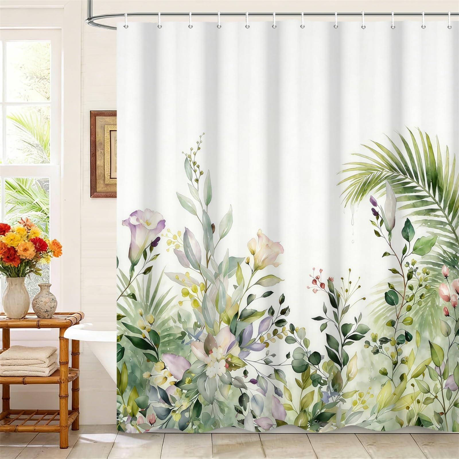 Kzzfqxb 105x160cm Shower Curtains with Plastic Hooks, Green Lush Plants Tree Branches with Beautiful Leaves and Flowers Waterproof for Bathtub, Polyester Fabric Bath Bathroom Simple Clean Decoration