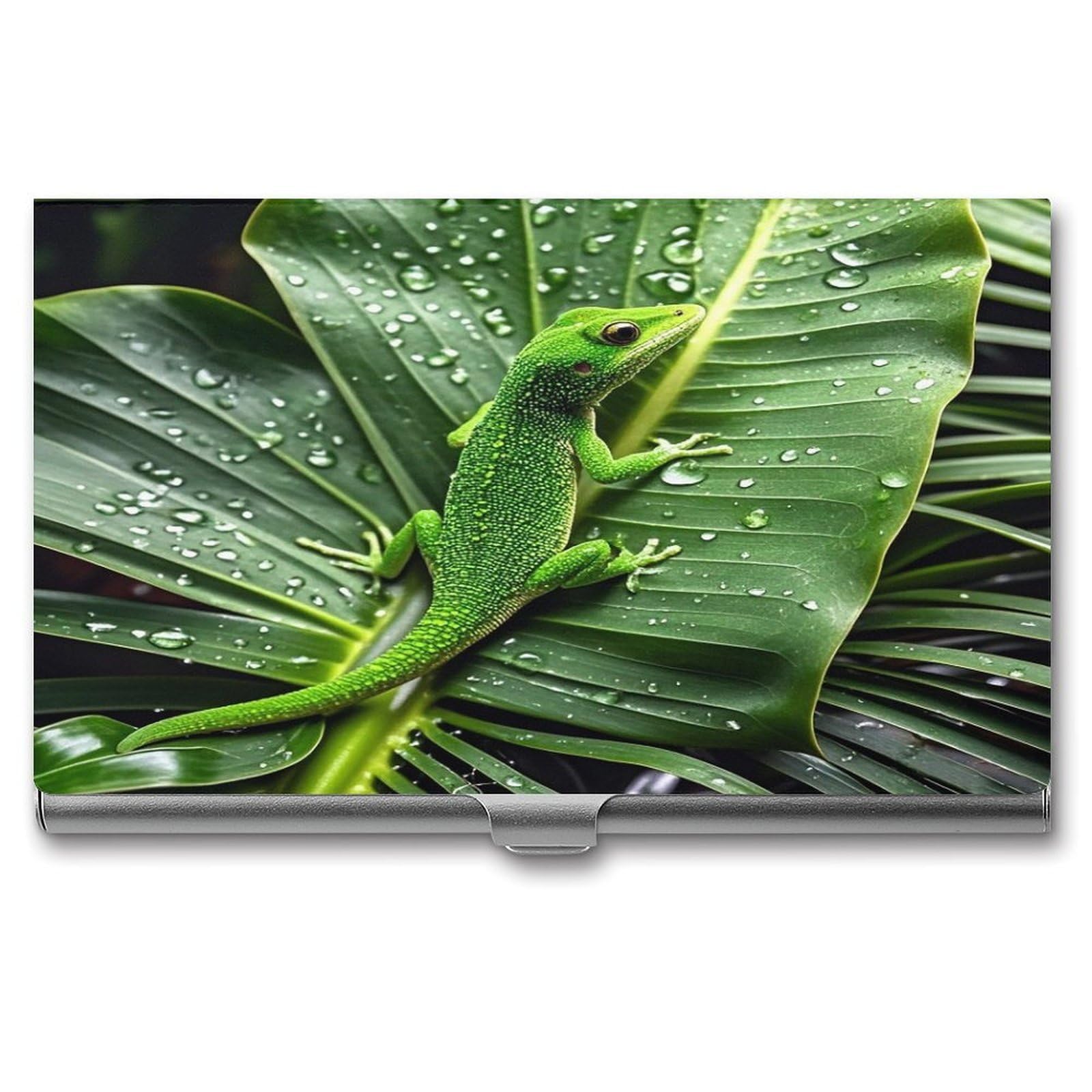 FekiLoot Gecko And Tropical Leaves Business Card Holder Aluminum Alloy Business Card Case Convenient to Carry Business Card Dispenser for Men Women