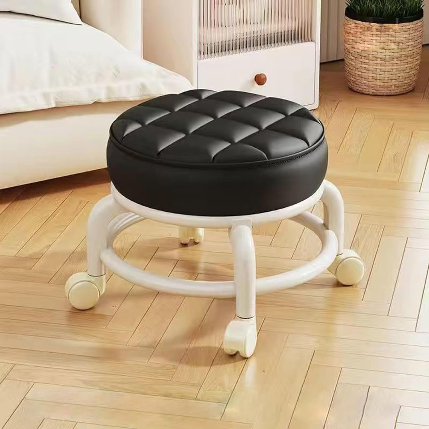Round Rolling Stool, PU Leather Low Roller Seat with 360° Universal Wheel and Cushion Seating, Small Foot Stool for Home Office Garage Shop, B