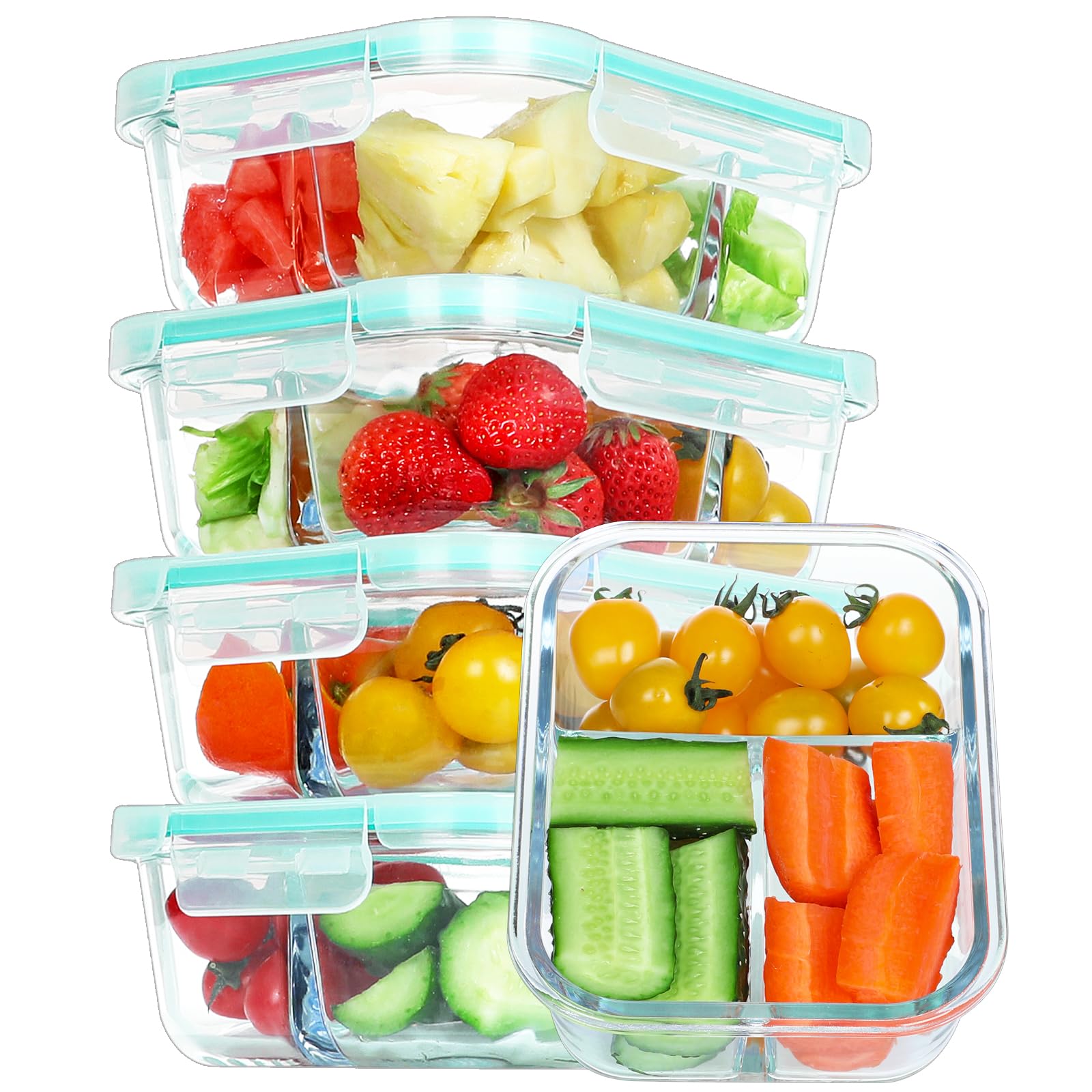BAYZZ Confezione da 5 contenitori per alimenti in vetro da 992,2 g, 3 scomparti, contenitori per alimenti in vetro con coperchio, ermetici, contenitori per il pranzo, adatti per microonde,
