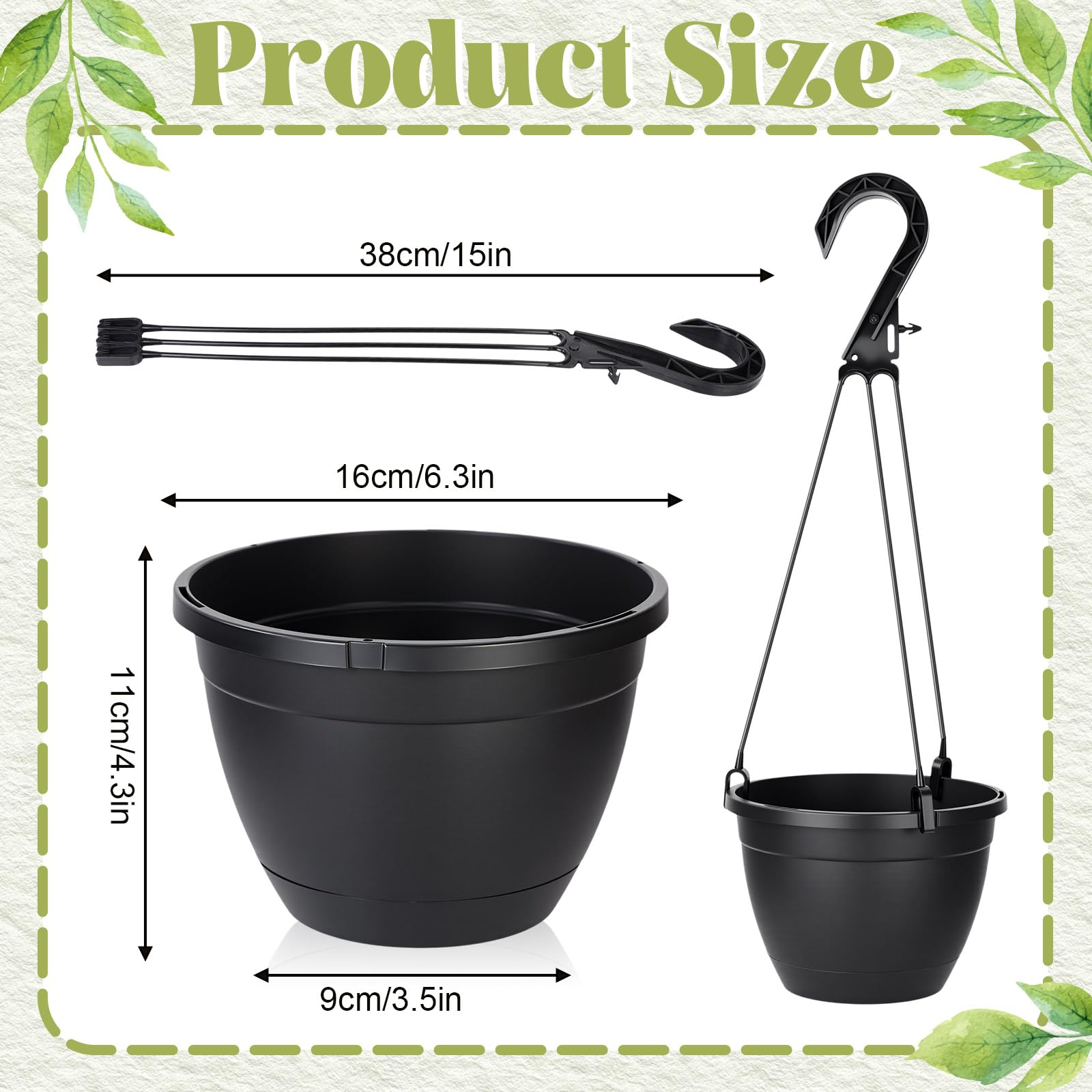 Roshtia Lot de 24 pots à suspendre en plastique de 16 cm pour plantes en vrac avec crochets - Plateau de drainage - Support de pot de fleurs pour intérieur et extérieur - Pour fleurs, jardin, balcon