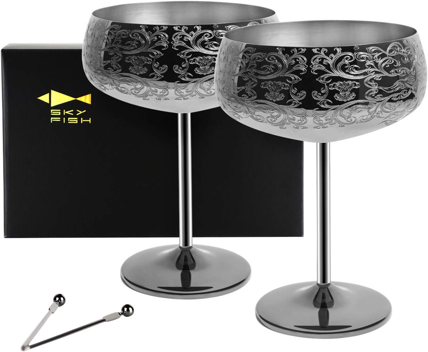 SKY FISH Martini Glass 400ml Stainless Steel Champagne Bowl with 2 Cocktail Picks Set of 2 (Black)