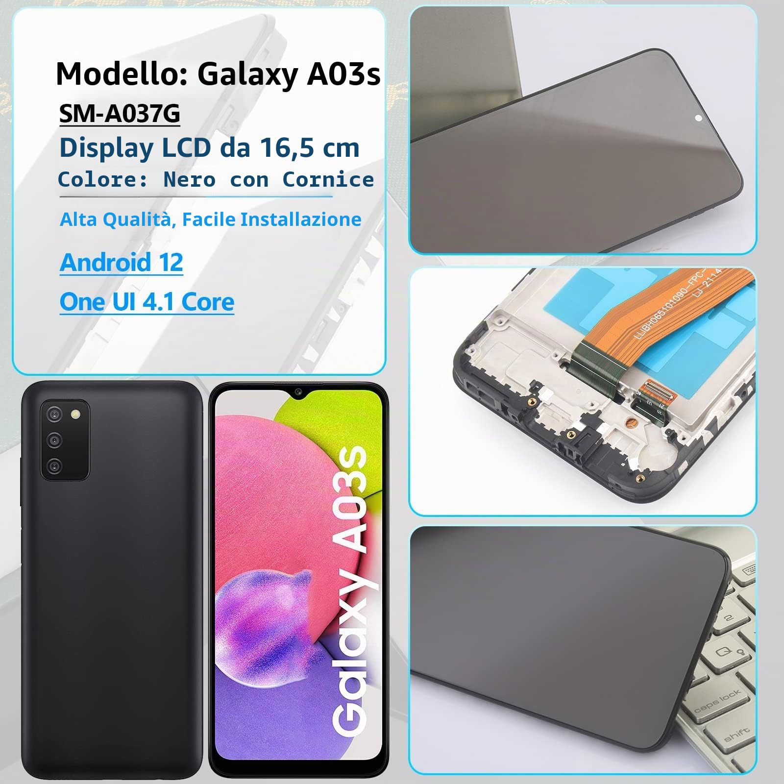 Nero+Telaio Schermo per Samsung Galaxy A03s SM-A037G LCD Display Touch Screen Digitizer Ricambio Assembly con Utensili Inclusi E per Galaxy A03s SM-A037G Vetro temperato