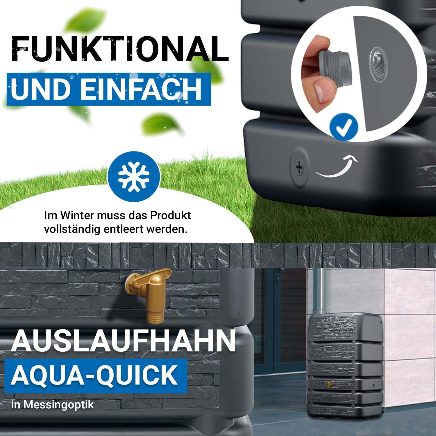 4rain Slim Stone Decor Regentonne Mauertank 510 Liter Graphite Grey - in Steinoptik und Anthrazit - Regenwassertank für den Außenbereich - praktischer Wasserbehälter zur Gartenbewässerung am Haus
