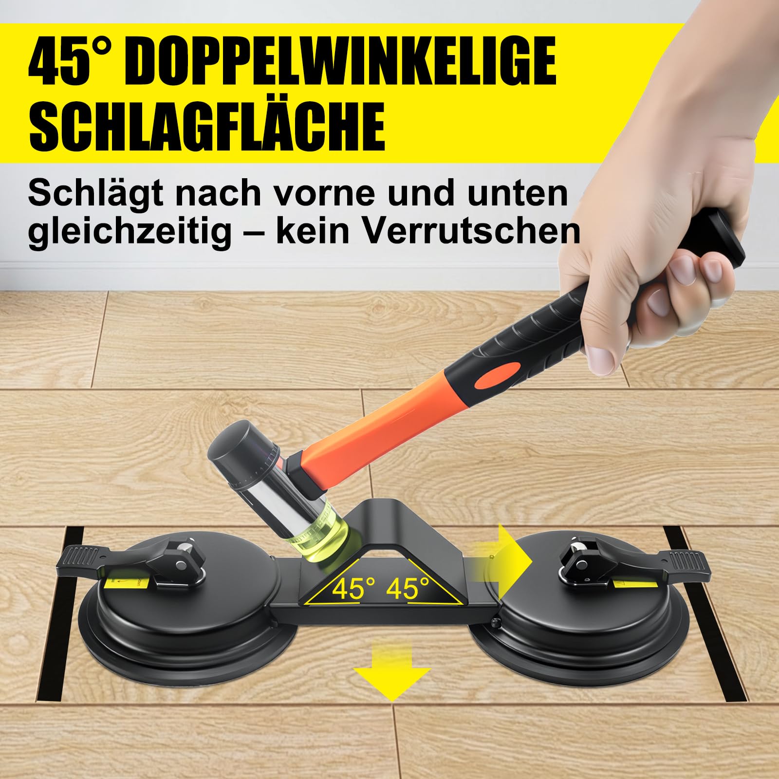 Laminat Saugnapf Bodenlücken Fixierer, schwerlastiger 45° Hammerfläche, mit zwei Saugnäpfen für doppelte Verstärkung, Plankengreifer aus Eisen – Reparatur Werkzeug für Laminat & Vinyl