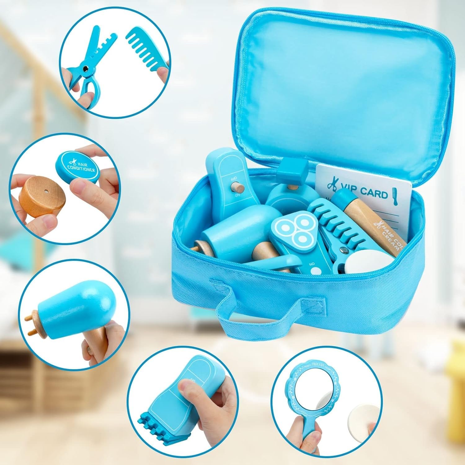 Wudly Wooden Hair Dresser Play Set – Kids’ Pretend Hair Salon with Mirror, Comb, Scissors, Hair Dryer & Styling Accessories for Imaginative Play 2