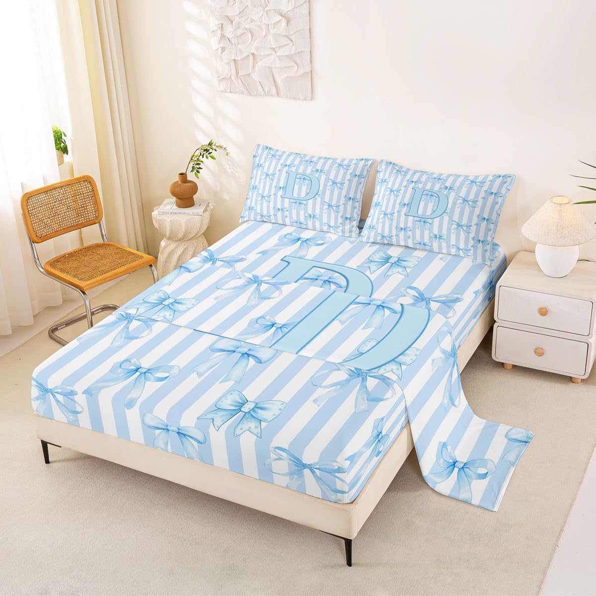 Homewish Początkowa litera D kokarda alfabet niebieskie paski zestaw pościeli podwójna kokarda prześcieradła w paski kawaii zestaw prześcieradeł - marzycielska księżniczka dopasowane górne