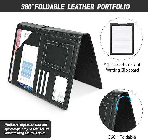 Miniatura 2 de Padfolio de cuero con portapapeles folio folios para mujeres carpeta brillante negro con bloc de notas