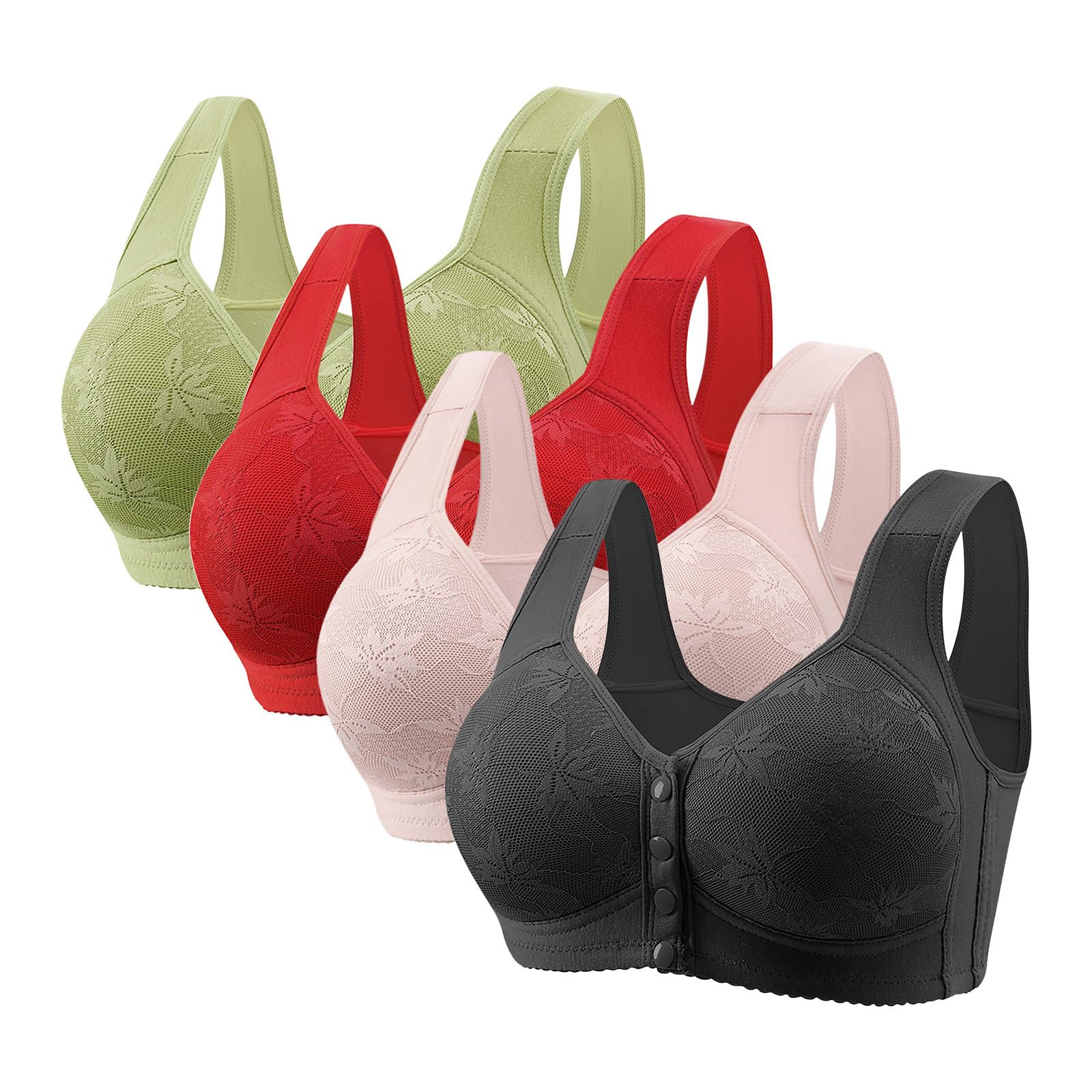 4 Pack Daisy Bras for Older Women Front Closure Wireless Push Up Bras Everyday Wirefree Comfortable Sleep Bralettes
