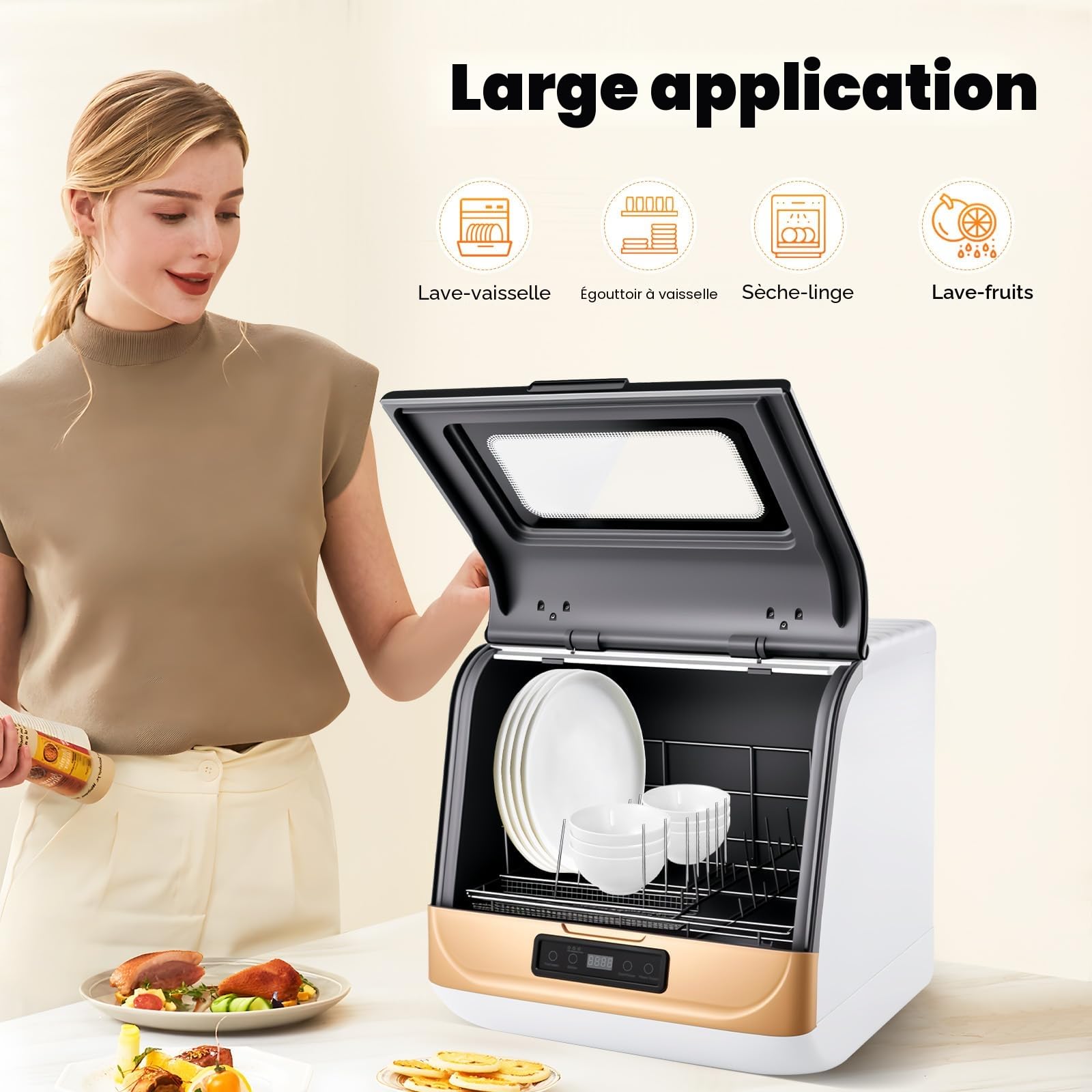 Mini lave-vaisselle 800 W, 5 programmes, buse rotative 360°, contrôle tactile, 2 modes de lavage, indicateur LED