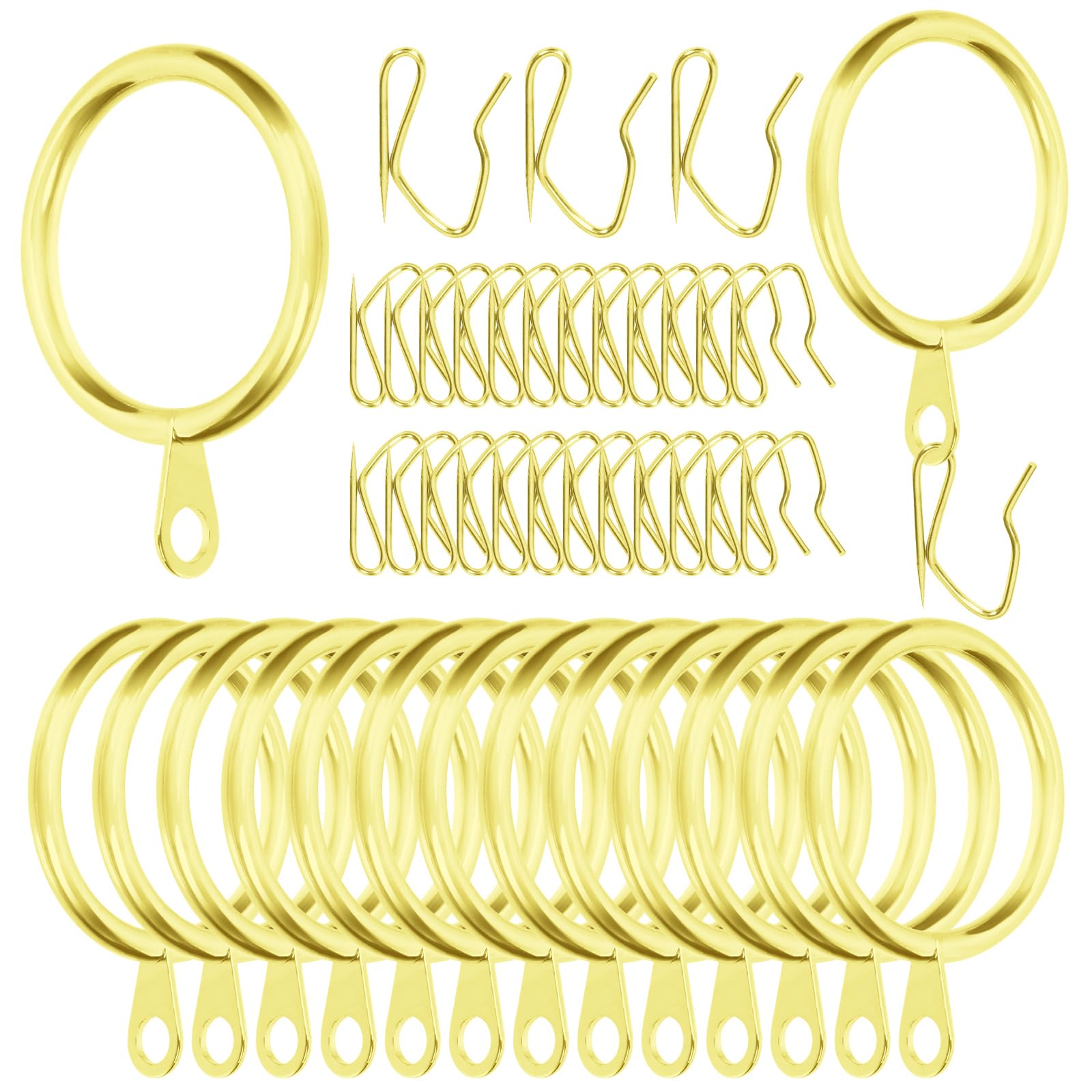 Swpeet 60Pcs 43mm/1.7" Inner Diameter Gold Metal Curtain Ring with Pin-on Drapery Hooks Assortment Kit, Drape Sliding Eyelet Ring Metal Curtain Hooks, for Window Door Shower Curtains