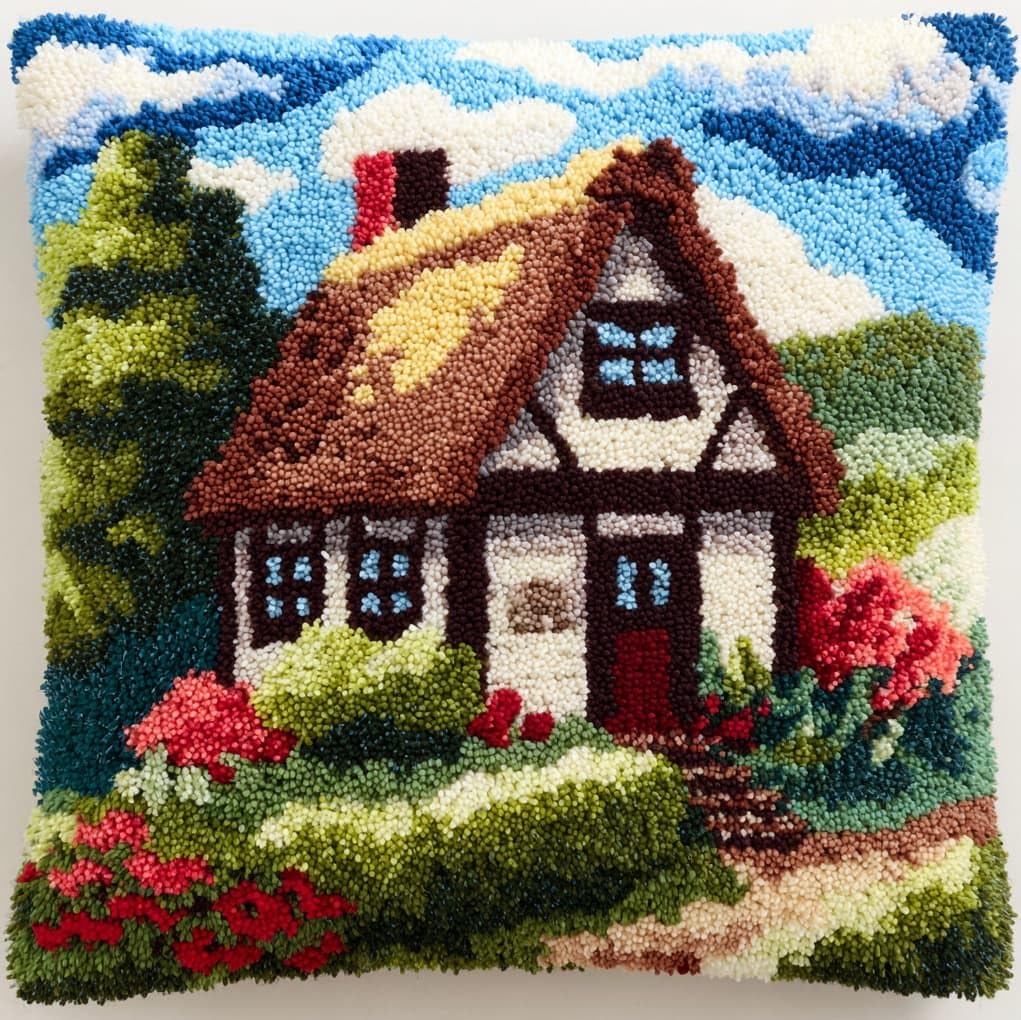 WallustrioaW Latch Hook Kits Pillow for Adults,Cartoon House in the Forest