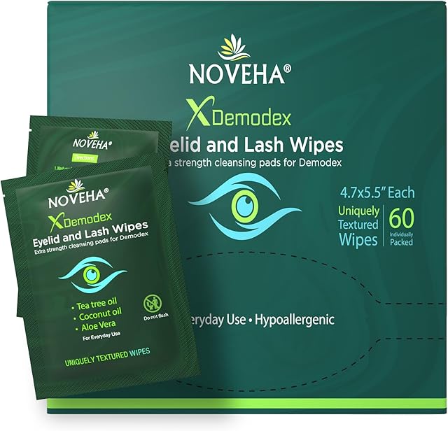 NOVEHA Demodex Chusteczki do powiek i rzęs, pudełko 60 pojedynczo owiniętych chusteczek o dodatkowej wytrzymałości, oczyszczające rzęsy  zwalczaj swędzenie i podrażnione oczy związane z roztoczami