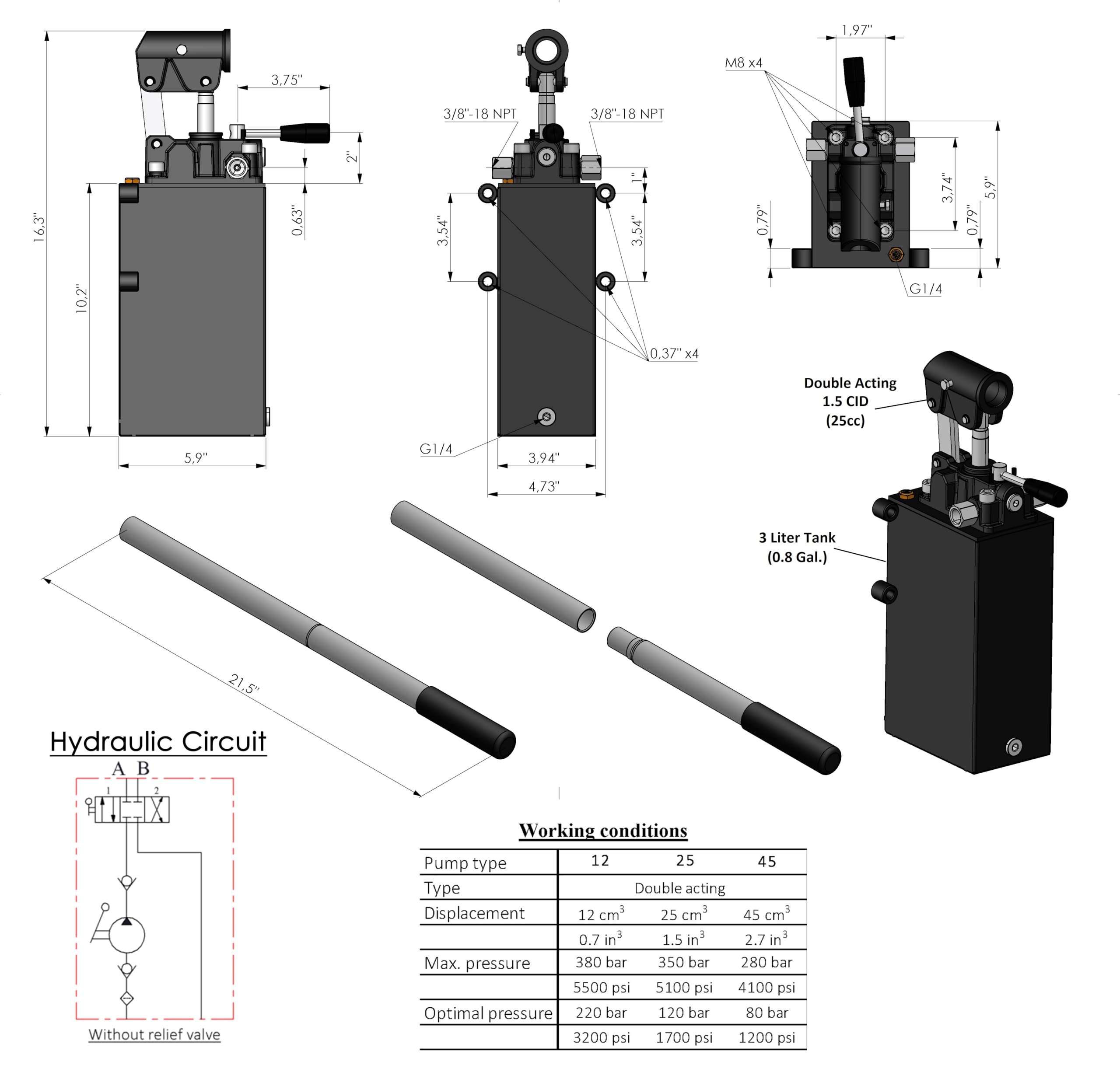 Double Acting Hydraulic Piston Hand Pump with Release Knob, Hand Operated Hydraulic Pump 3/8