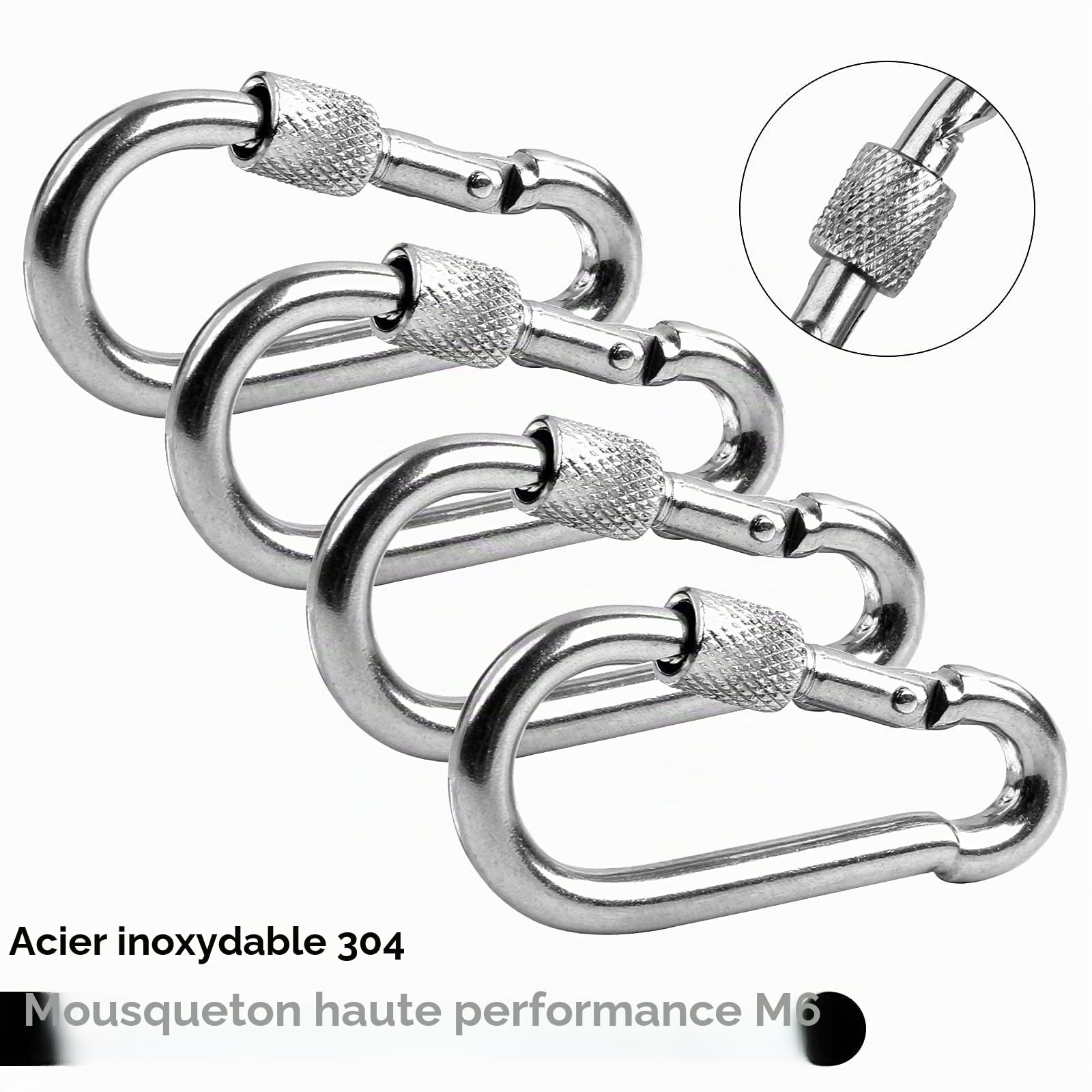 Lot de 4 Mousquetons M6 Acier Inoxydable 135 kg, Mousqueton à Vis pour Camping Clés Extérieur