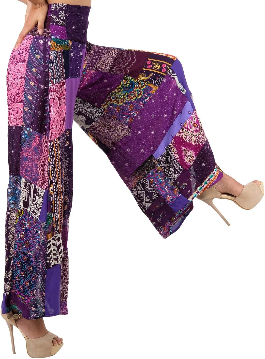 LOFBAZ Women's Patchwork Wide Leg Palazzo Pants Yoga Hippie Harem Trousers